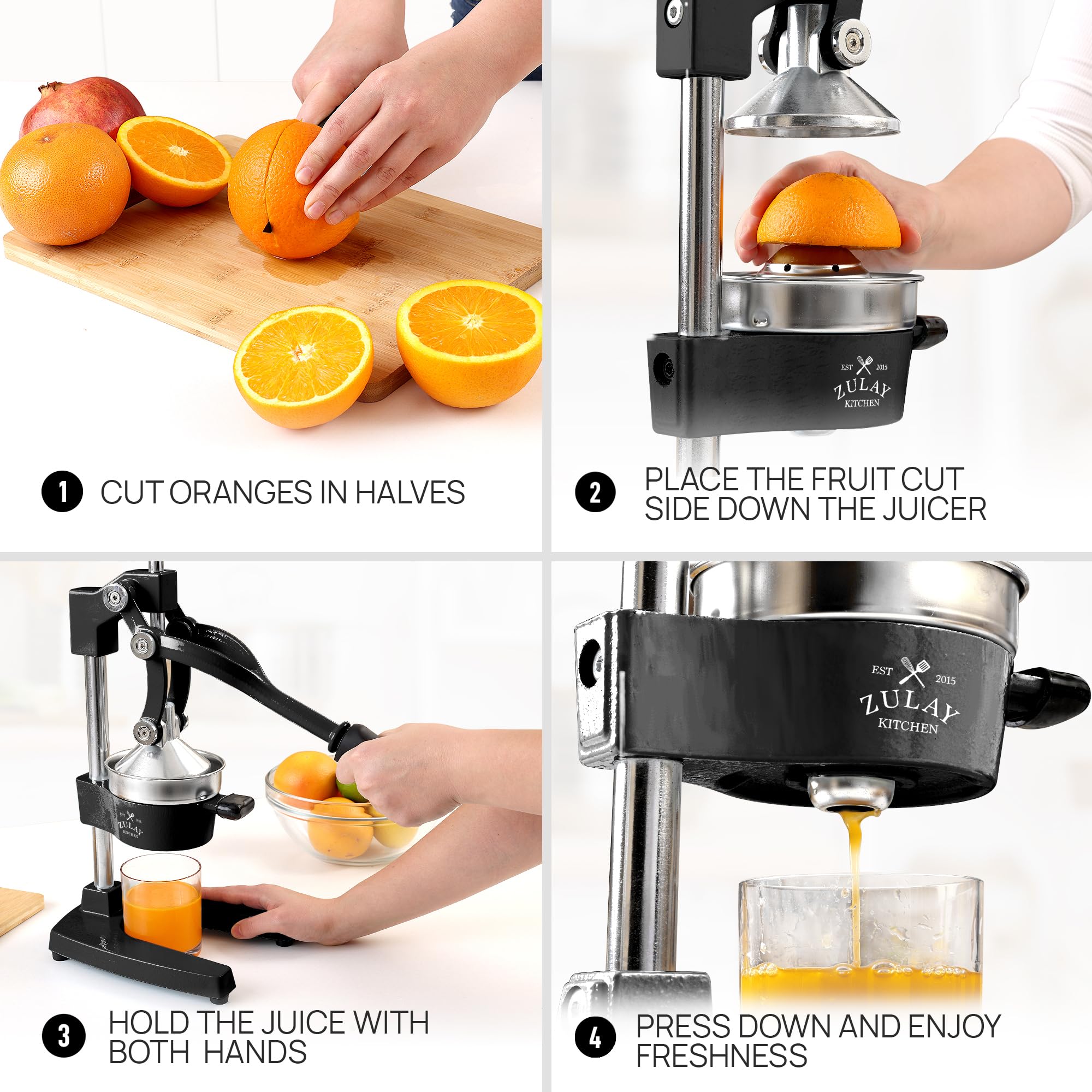 Zulay Kitchen Cast-Iron Orange Juice Squeezer - Easy-to-Clean, Heavy-Duty, Professional Citrus Juicer - Stainless Steel Lemon Squeezer - Manual Citrus Press & Orange Squeezer - Orange Juicer (Black)