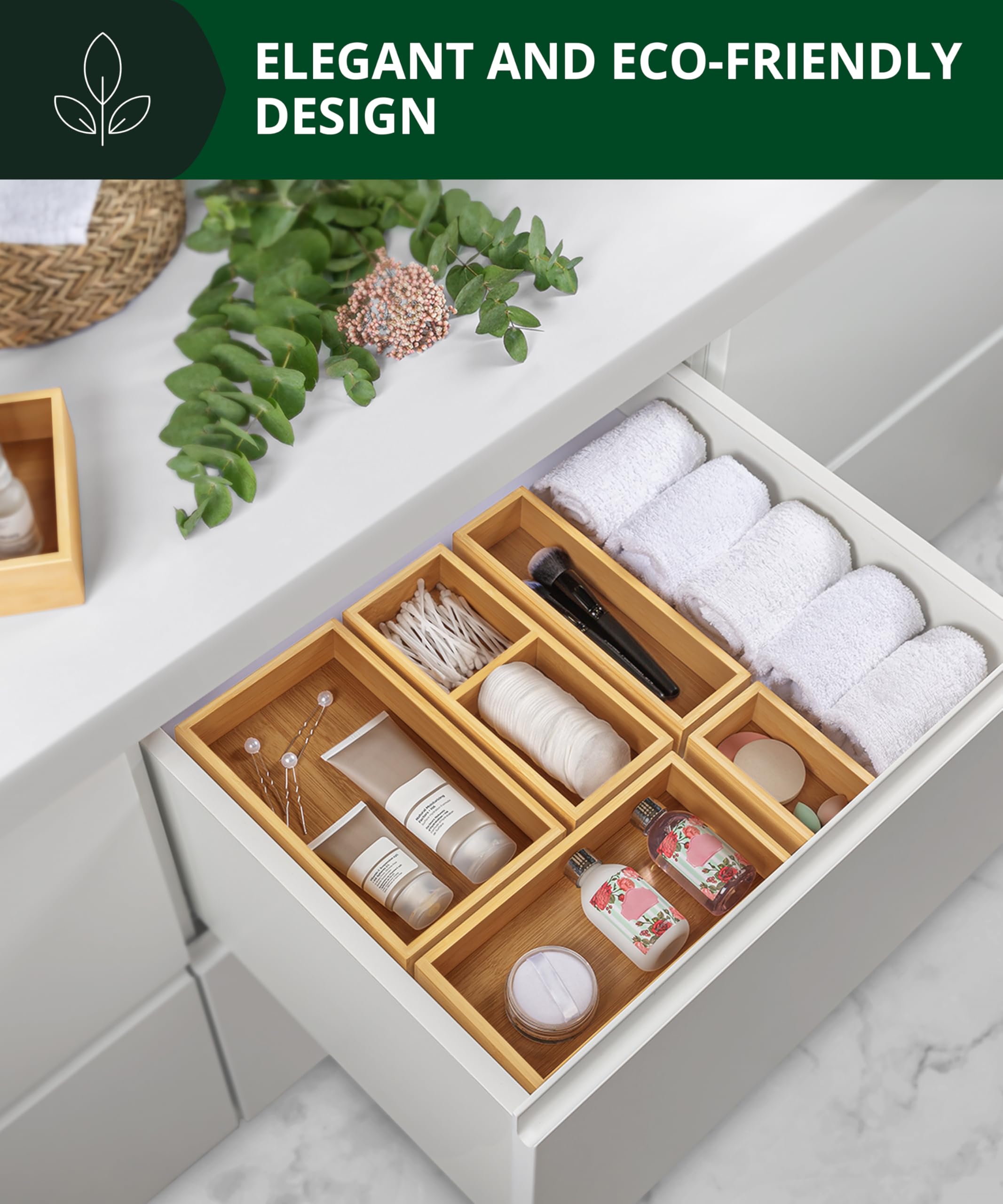 ROYAL CRAFT WOOD 5-Piece Bamboo Drawer Organizer Set – Multi-Use Storage Trays for Kitchen, Bathroom, Office, Makeup, Jewelry & More – Junk Drawer Tray, Utensil Holder, Storage Box & Bin Set (5 Boxes)