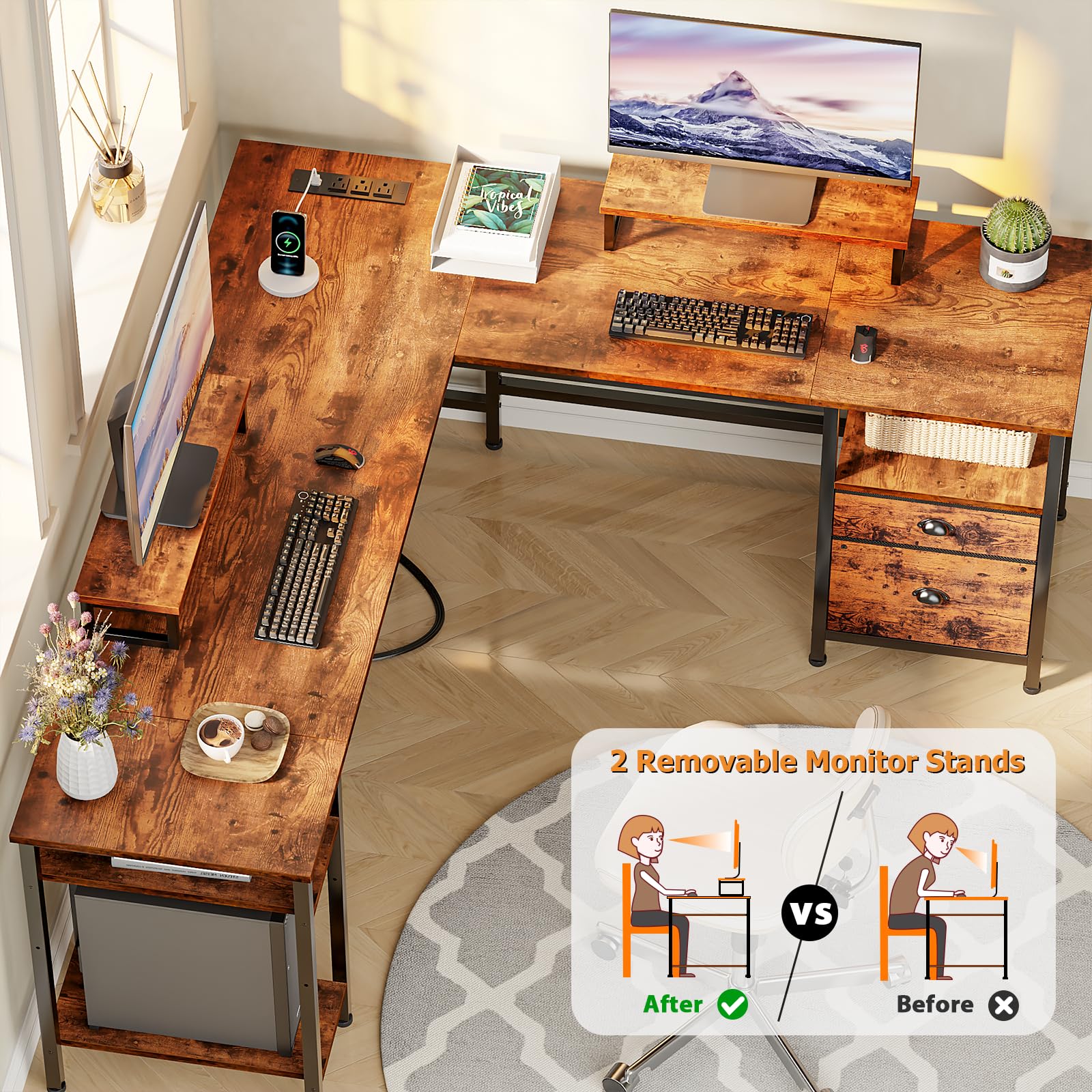Furologee 66” L Shaped Desk with Power Outlet, Reversible Computer Gaming Desk with File Drawer & 2 Monitor Stands for Home Office with Storage Shelves, Rustic Brown