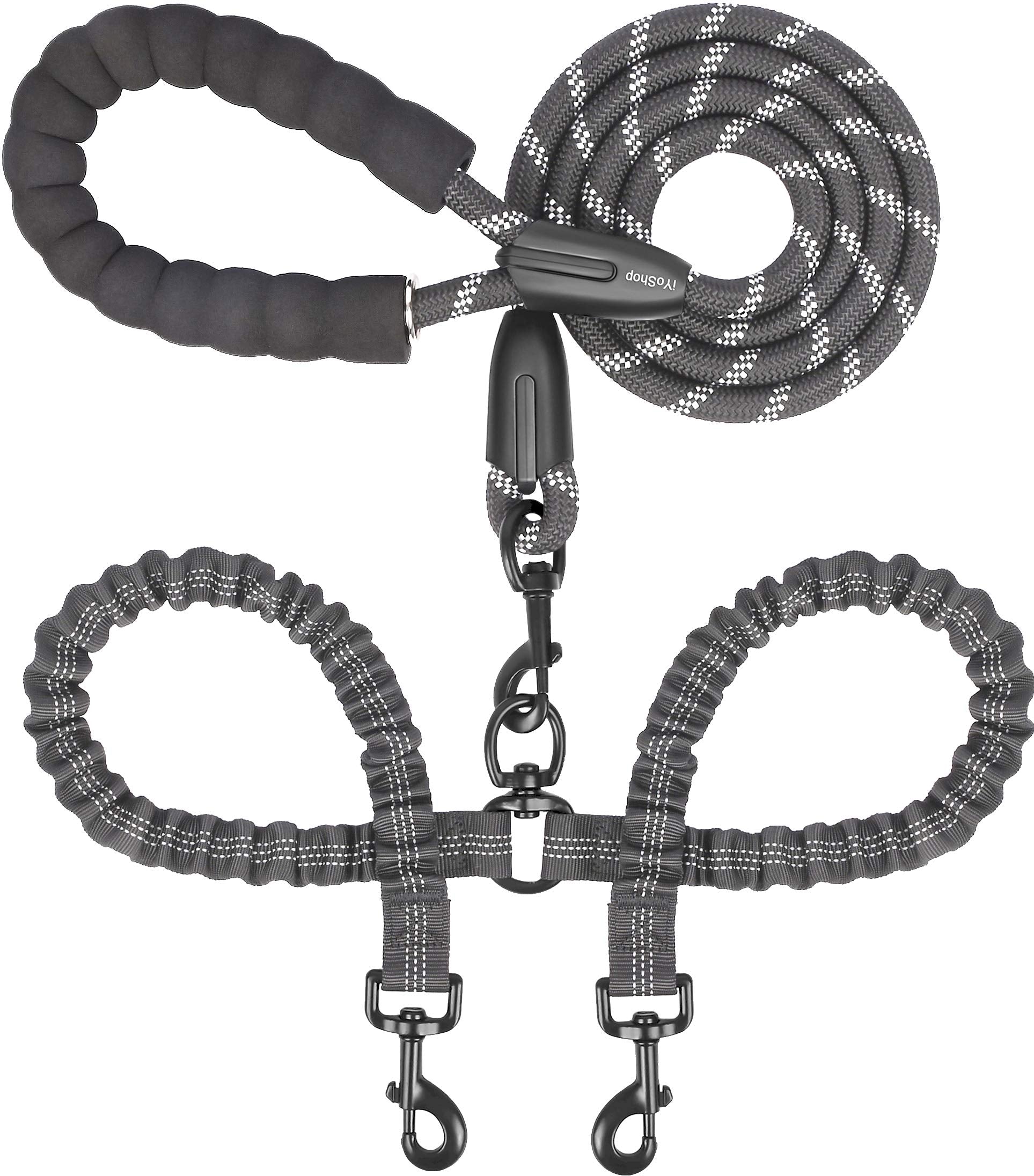 iYoShop Dual Dog Leash - 360° Swivel, No Tangle Walking Leash with Shock Absorbing Bungee for Two Dogs (Large, 25-150 lbs, Black)