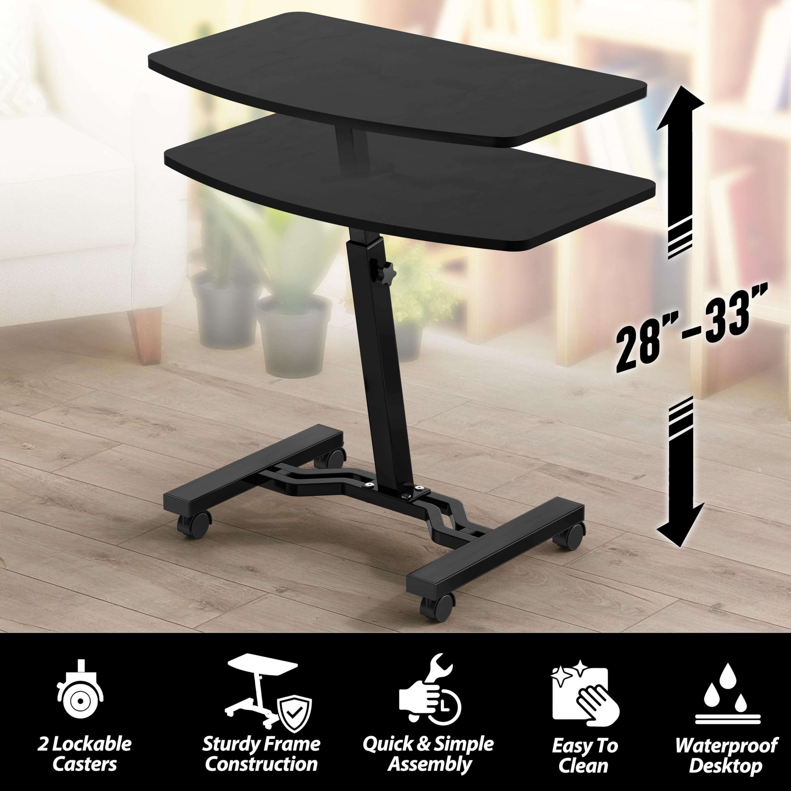 SHW Mobile Height Adjustable Laptop Rolling Cart with Height Adjustment from 28" to 33", Black