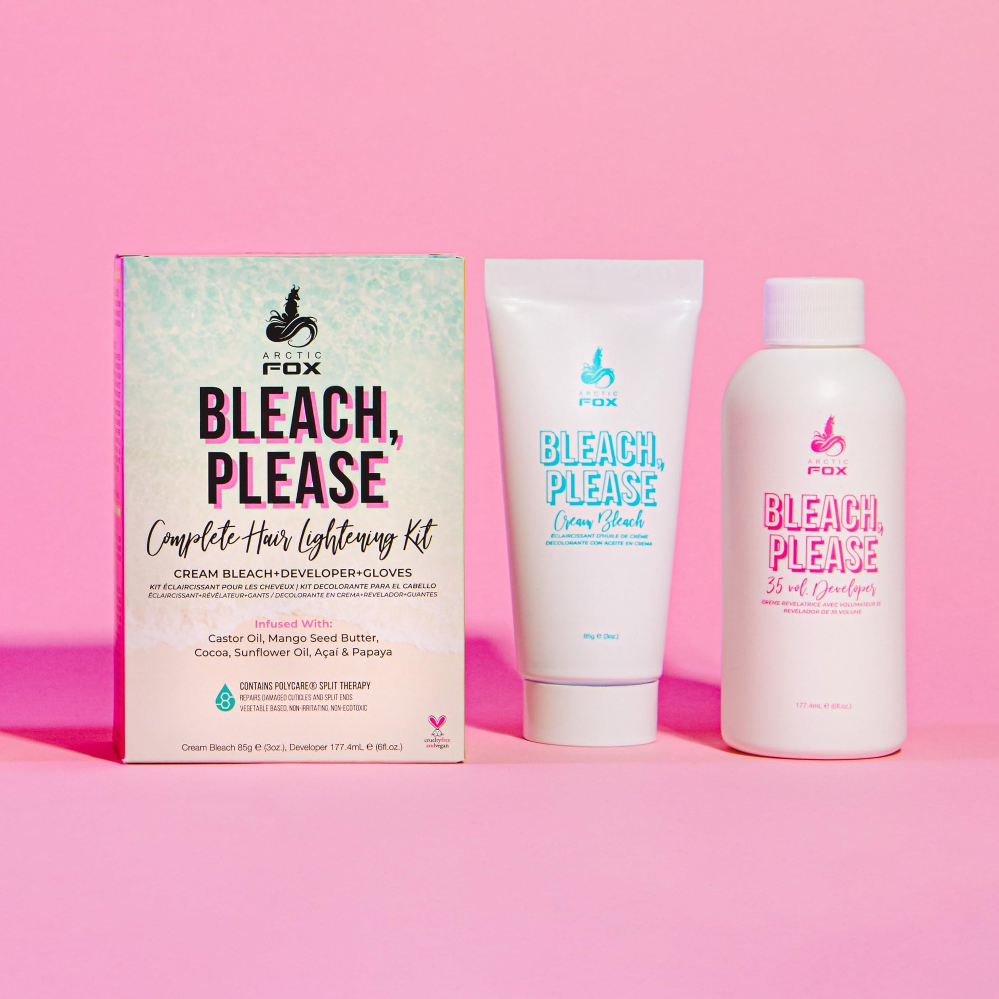ARCTIC FOX Bleach Please Hair Lightening Kit Cream Bleach, 35 Volume Developer And Latex Free Gloves Infused With Acai, Cocoa, Sunflower Oil & Papaya! Vegan And Cruelty Free