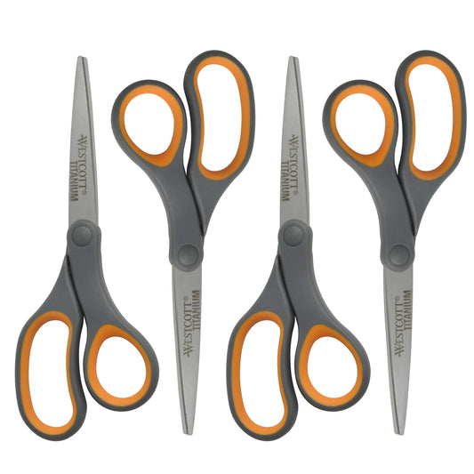 Westcott Titanium Bonded Scissors, Soft Handle, 8", Straight, Gray/Yellow, 4-Pack