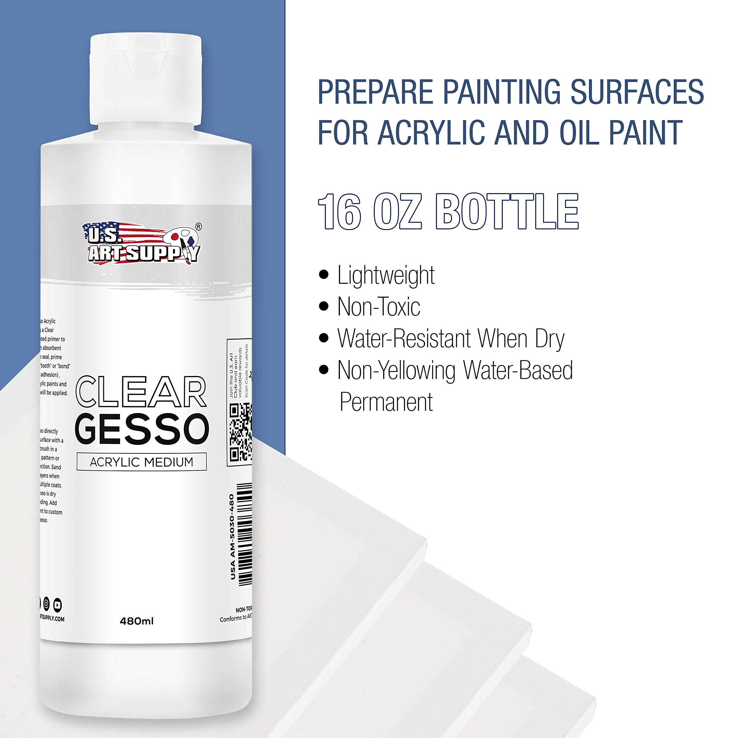 U.S. Art Supply Clear Gesso Acrylic Medium, 480ml Bottle - 16 Ounce Pint - Blendable with Acrylic Colors