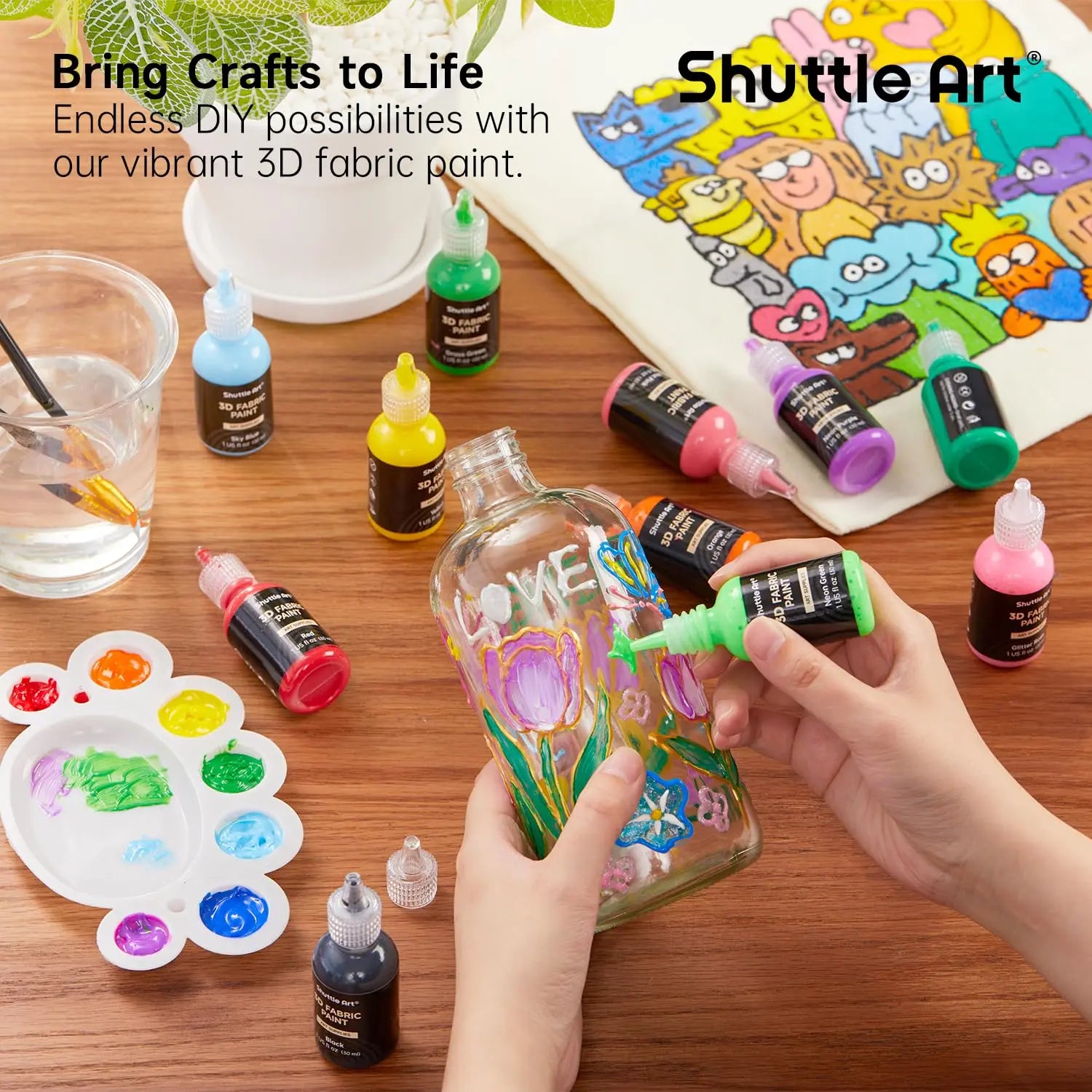 Shuttle Art Fabric Paint Set, 45 Colors 3D Permanent Paint with Brushes Palette Pen Fabric Sheet Stencils, Glow in The Dark, Glitter,Metallic Colors for Textile Fabric T-shirt Jeans Glass