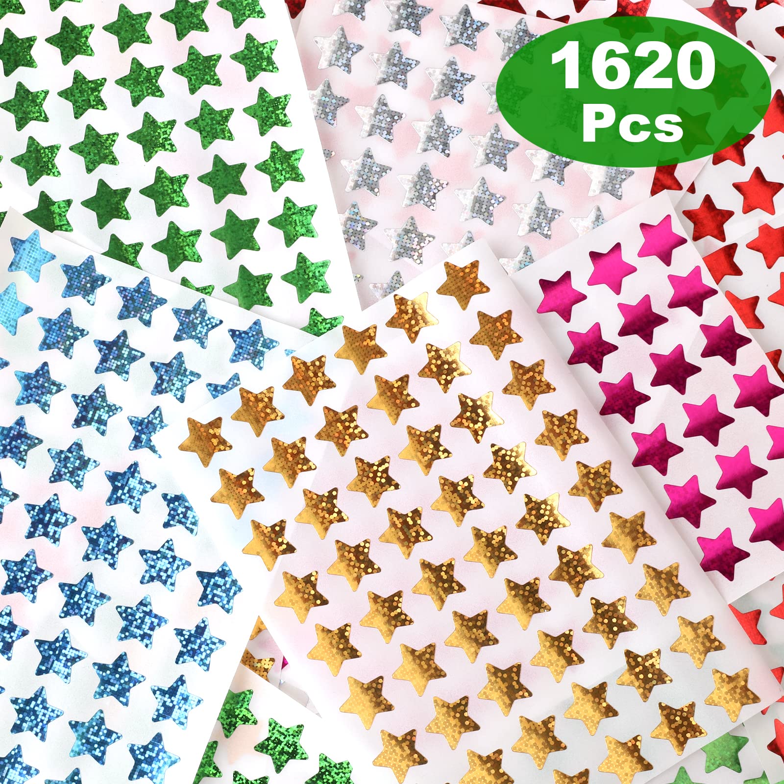 1620 Pack, 6 Colors, Holographic Small Star Stickers for Kids Reward, Behavior Chart, School Classroom Student Teacher Supplies, 0.6" Diameter