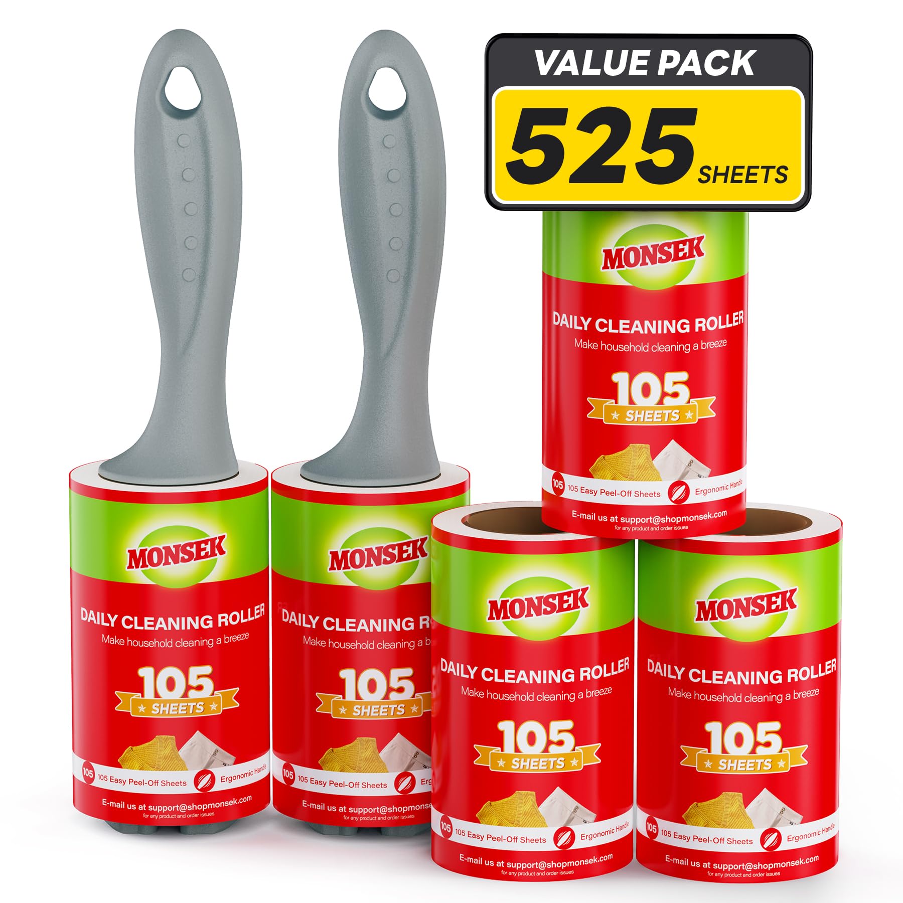 MONSEK Lint Rollers 525 Sheets Mega Value Set, 4X Extra Sticky Lint Roller for Pet Hair, Pet Hair Remover with 2 Upgraded Handle 5 Rollers, Portable Lint Remover for Clothes, Furniture, Dog & Cat Hair