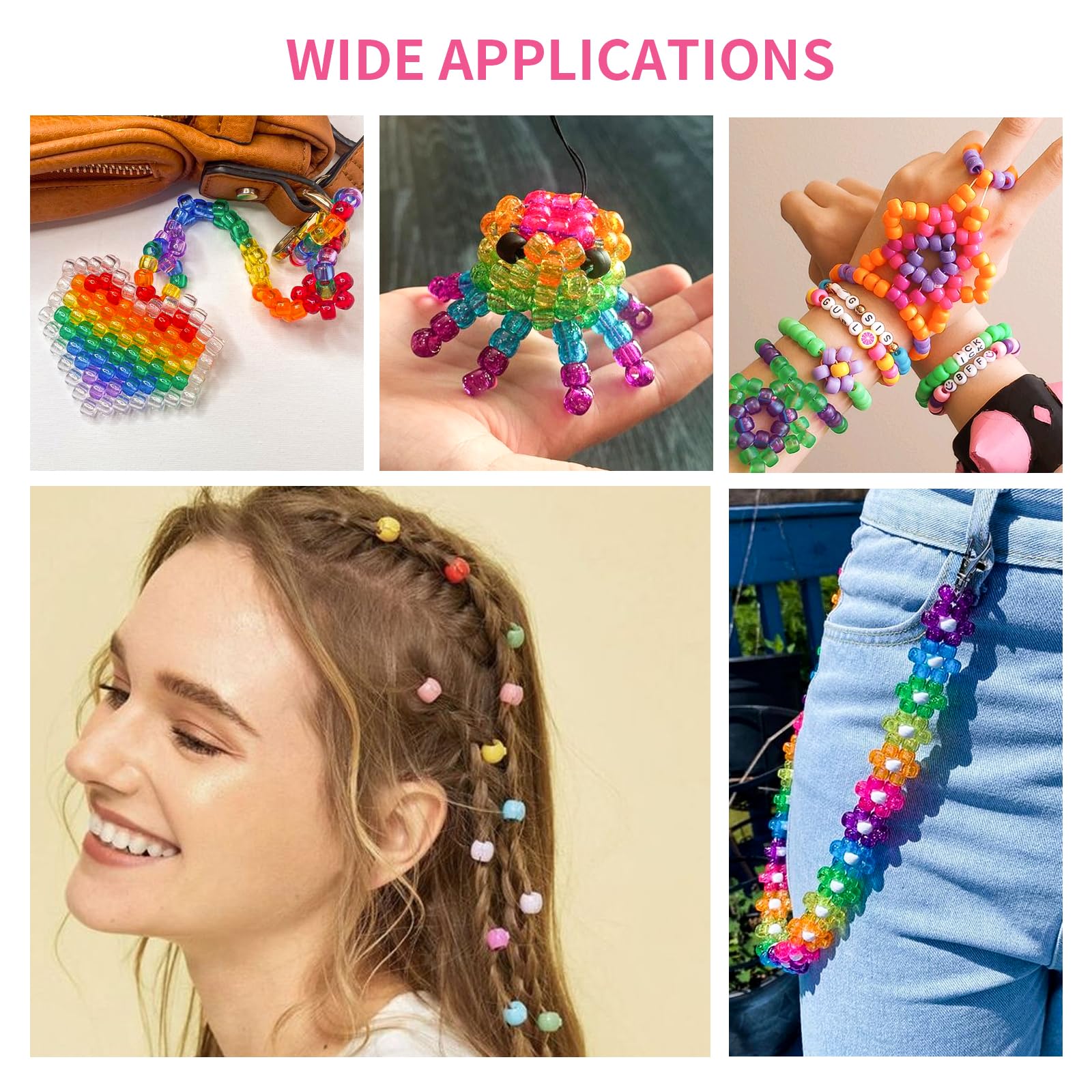 1000+pcs Glitter Beads Pony Beads Bulk, Acrylic Beads 9mm Large Plastic Beads for Bracelets Big Hole Hair Braids Crafts DIY Projects