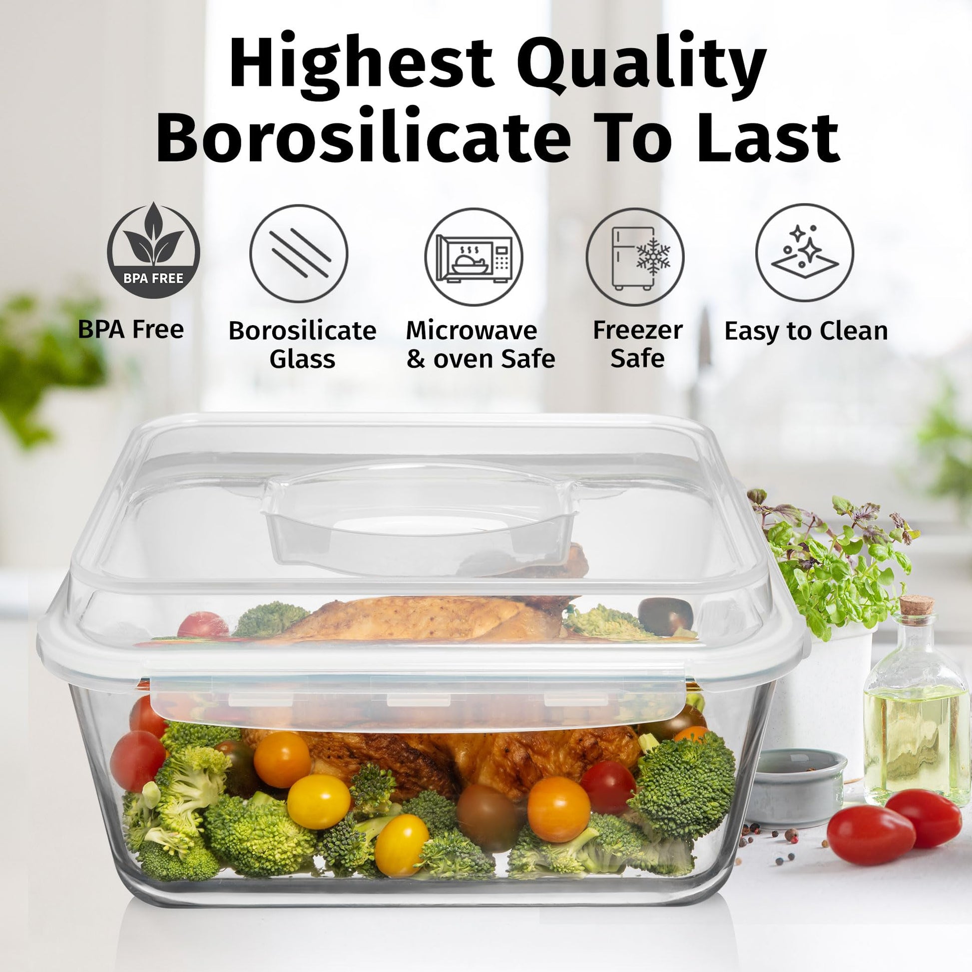6500 ML / 220 oz / 28 Cup LARGE Glass Food Storage Container with Airtight Locking Lid. Ideal Storing food, Vegetables, Fruits. Baking Casserole, Lasagna, Roasting Turkey, Chicken BPA Free Oven Safe