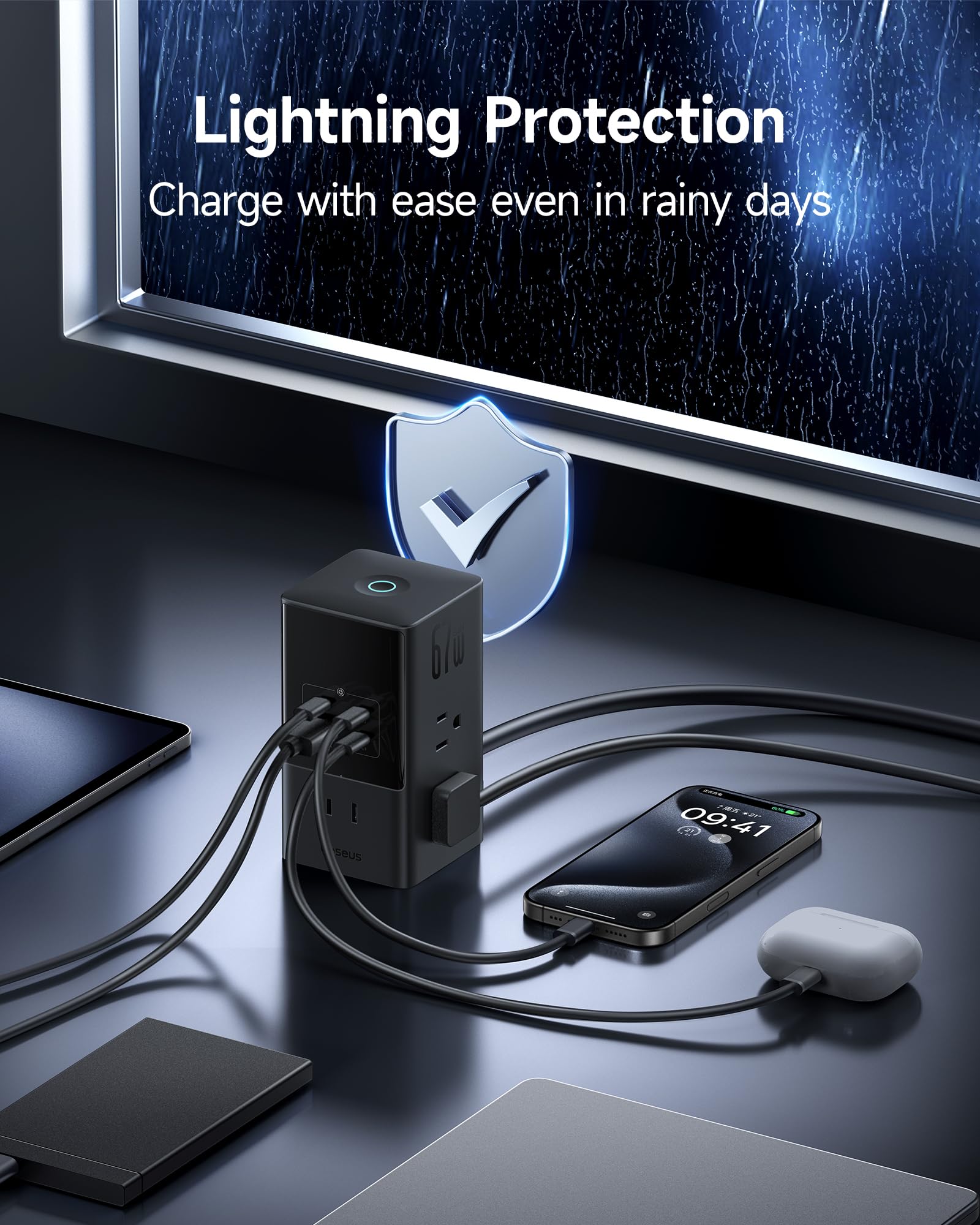 Baseus Charging Station 67W, 10-in-1 USB-C PD Fast Charging Desktop Charger with 1200J Surge Protection, 5ft Extension Cord, 6 AC, 3 USBC, 1 USBA Ports for iPhone 16/15, MacBook, Tablet, Desktop