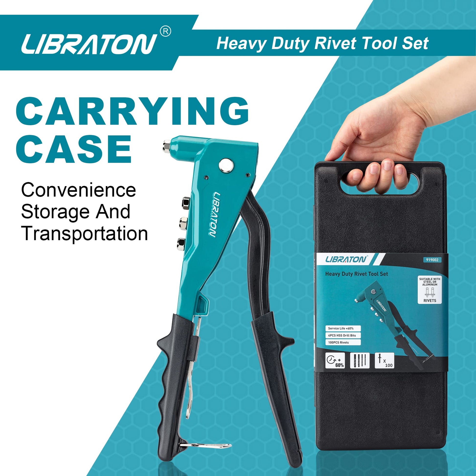 Libraton Heavy Duty Rivet Gun, Pop Rivet Gun Set, Professional Hand Riveter, Manual Riveting Tool with 110Pcs Rivets and 4 Interchangeable Heads, for Metal, Wood and Plastic
