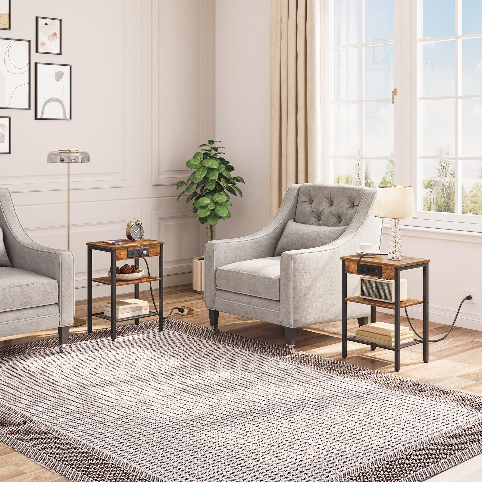 HOOBRO Side Table with Charging Station and USB Port, Small End Table for Small Space, 3-Tier Nightstand with Adjustable Shelf, for Living Room, Bedroom and Balcony, Rustic Brown BF112BZ01