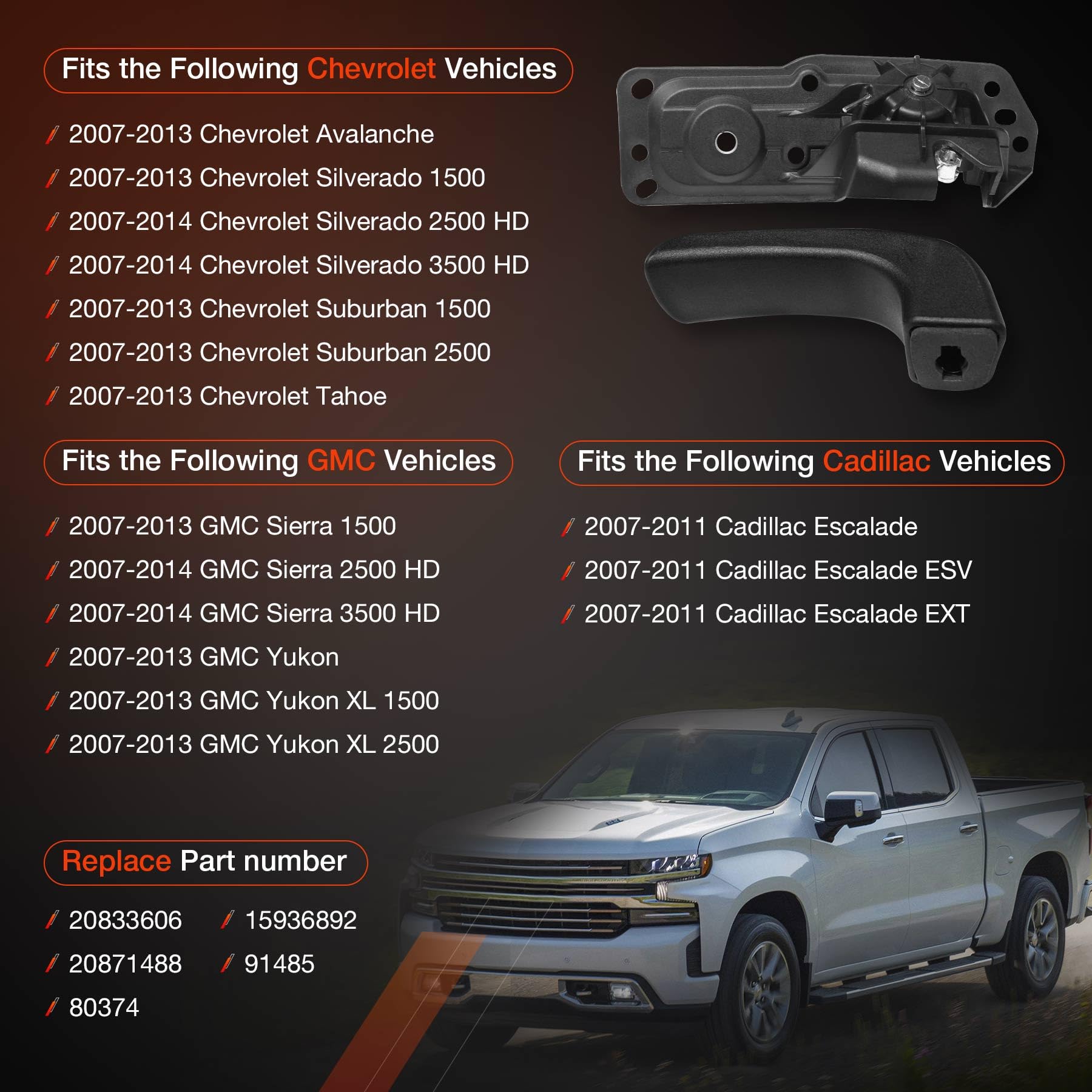 Interior Door Handle Front Left Drivers Side Compatible with 2007-2014 Chevy Silverado 1500/2500/3500 Tahoe Suburban Avalanche GMC Sierra Yukon Cadillac Escalade ESV/EXT,Replaces OEM# 20833606, 80374