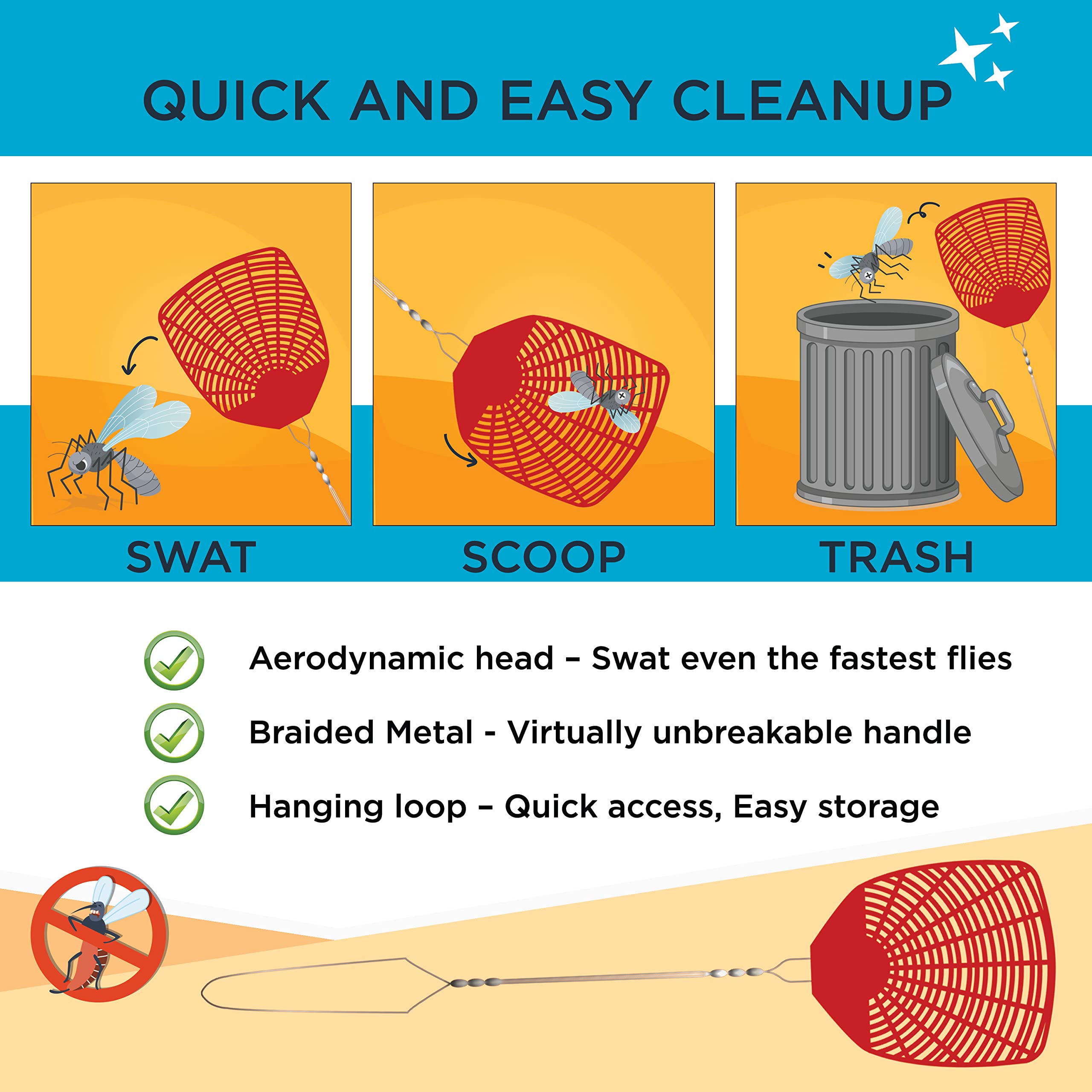 W4W, Bug & Fly Swatter Braided Metal Handle 6 Pack Fly Swatters Indoor/Outdoor flyswatter