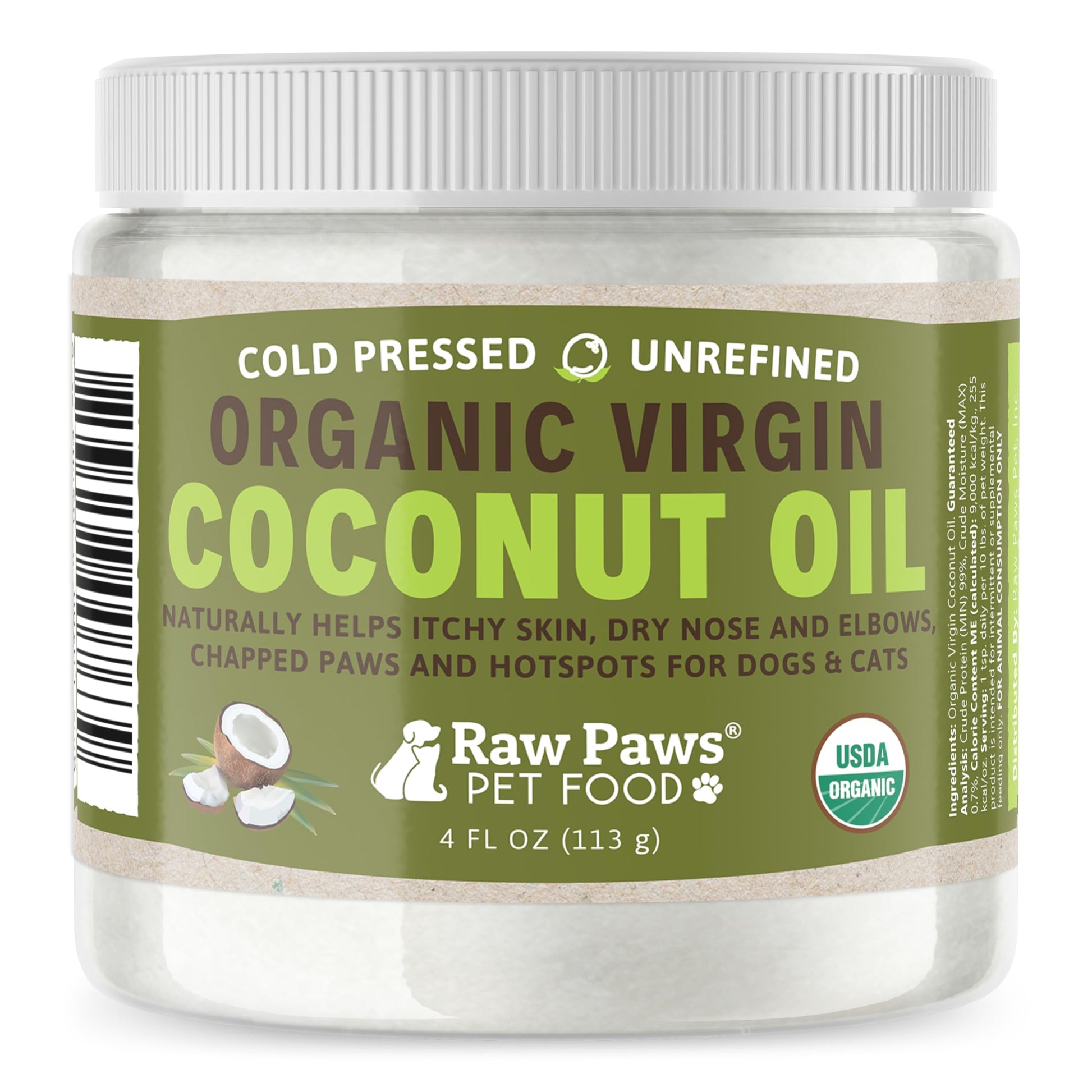 Raw Paws Virgin Organic Coconut Oil for Dogs & Cats, 4-oz - Treatment for Itchy Skin, Dry Nose, Paws - Hot Spot Lotion for Dogs - Natural Hairball Remedy for Dogs