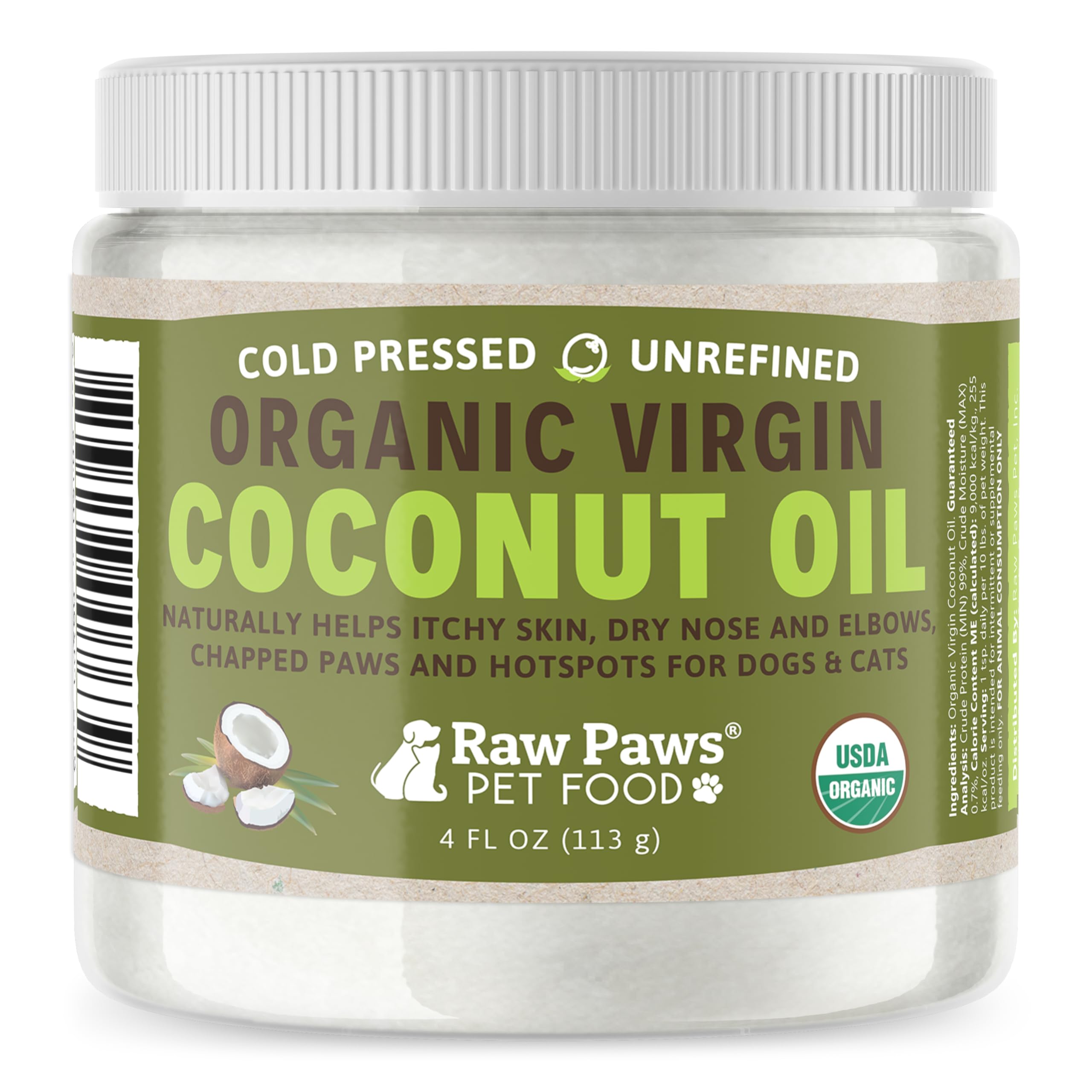 Raw Paws Virgin Organic Coconut Oil for Dogs & Cats, 4-oz - Treatment for Itchy Skin, Dry Nose, Paws - Hot Spot Lotion for Dogs - Natural Hairball Remedy for Dogs