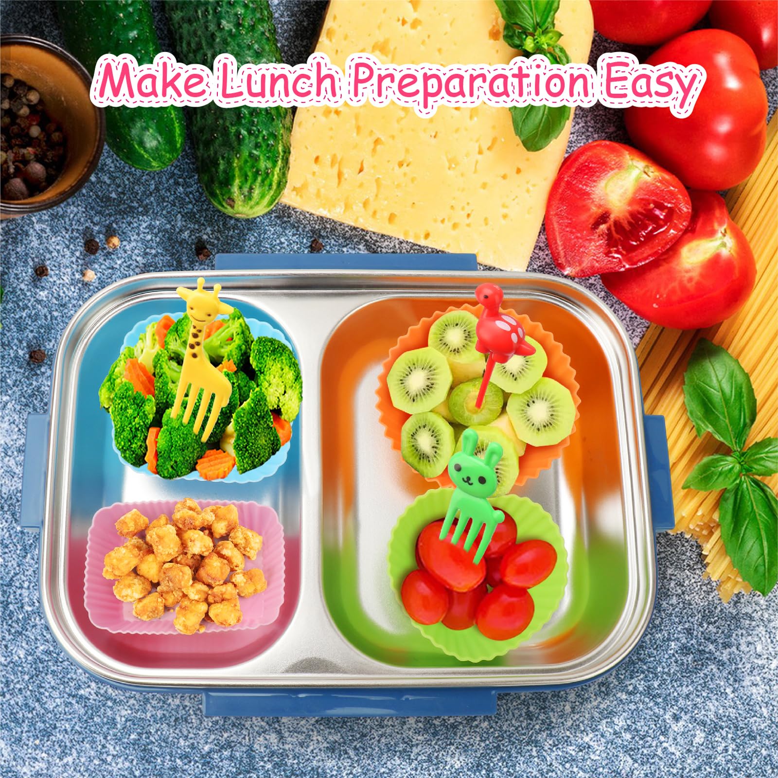 100PCS Silicone Lunch Box Dividers for Kids Lunch Accessories Set, Including 24 Reusable Silicone Cupcake Liners Baking Muffin Cups with 76 Animal Food Picks for Kids, Lunchbox Bento Box Accessories