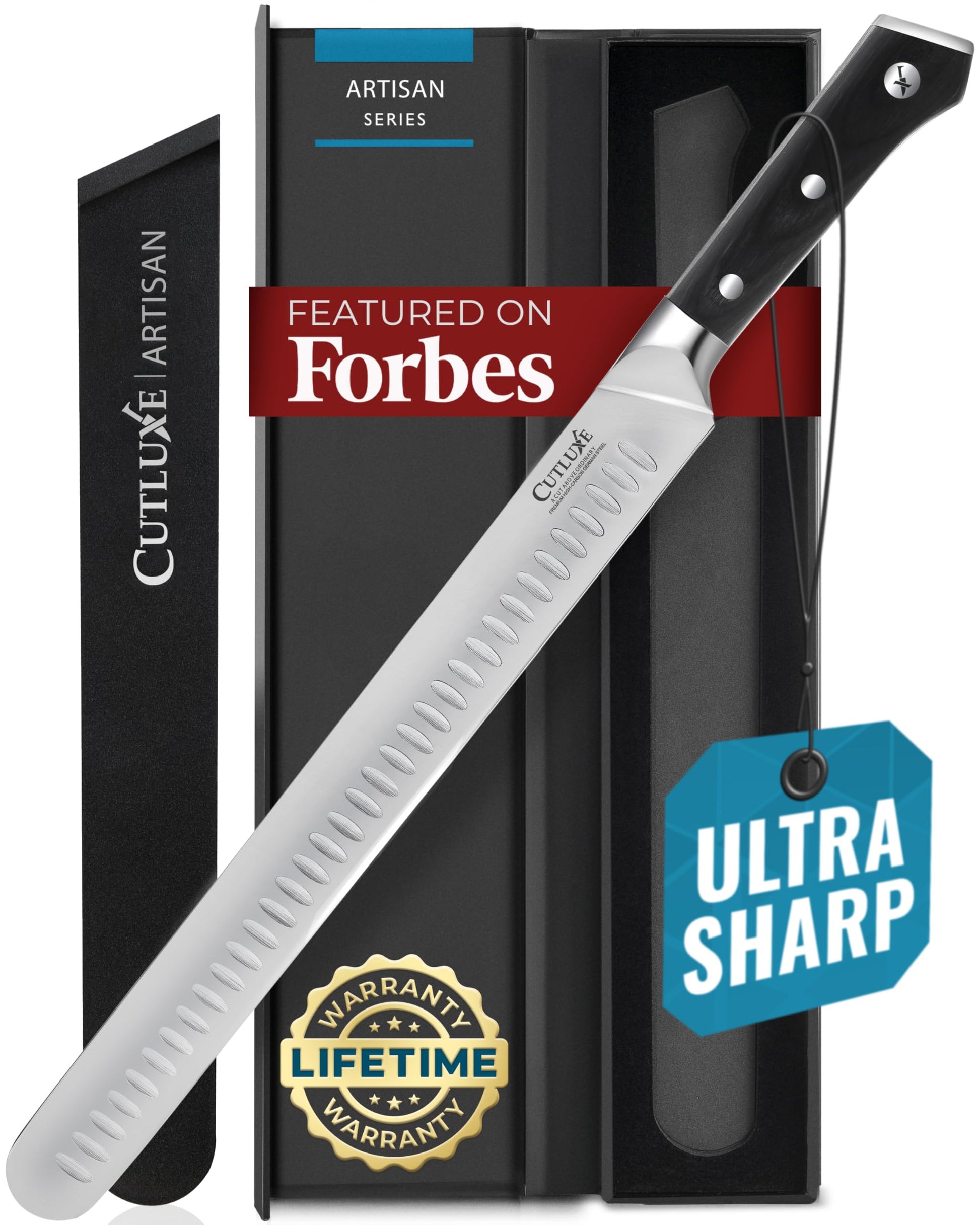 Cutluxe Brisket Knife – 12" Carving & Slicing Knife for Meat & BBQ – Razor Sharp German Steel, Sheath Included, Ergonomic Full Tang Handle Design – Artisan Series
