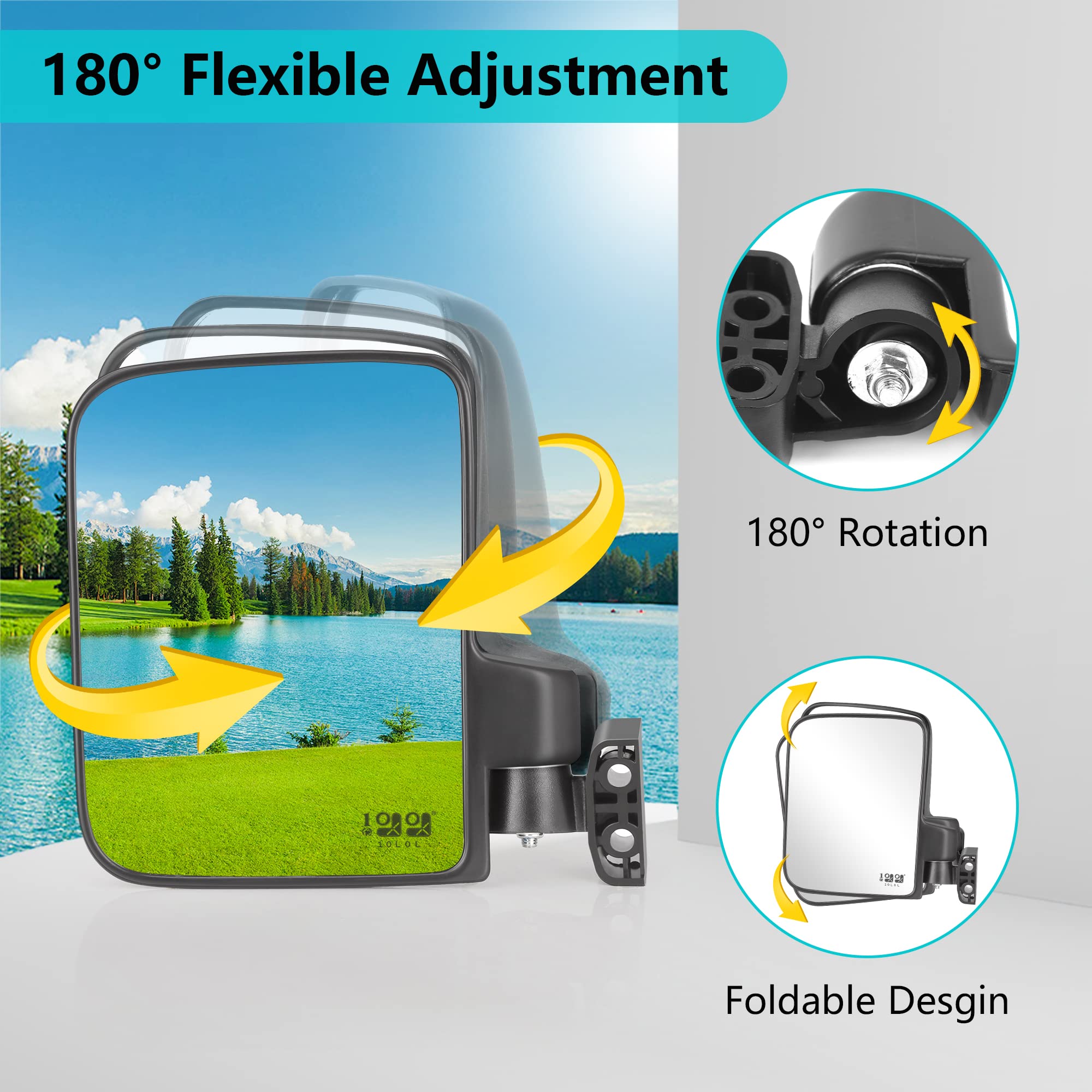 10L0L Golf Cart Mirror No Drilling Side Mirrors Universal for Yamaha, Club Car, EZGO, Folding Side Rear View Mirrors Adjustable 180 Degree HD Glass
