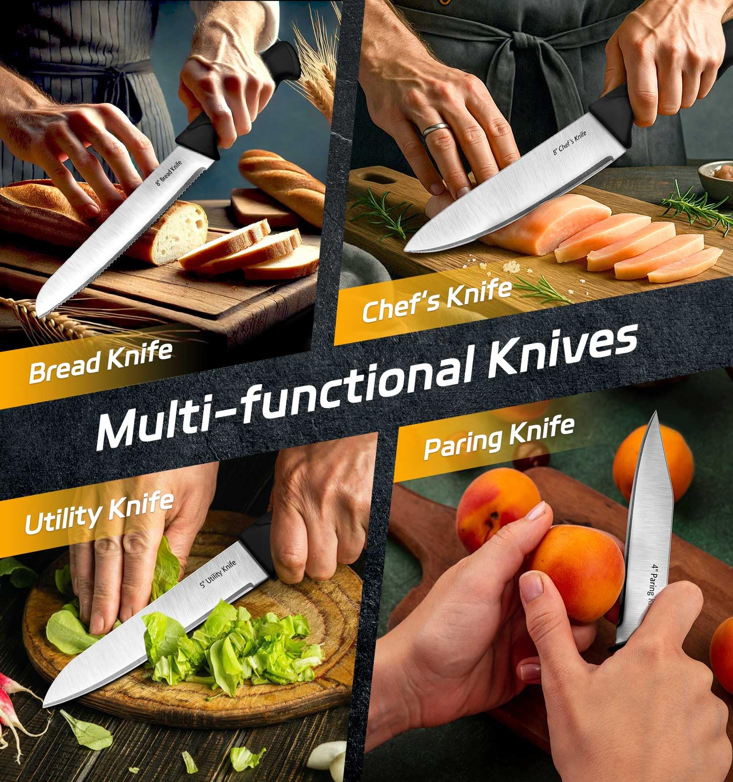 HENKELIVING Knife Set, 6-Piece Kitchen Knife Set, German High Carbon Stainless Steel, Durable & Easy Clean Knife Block, Black