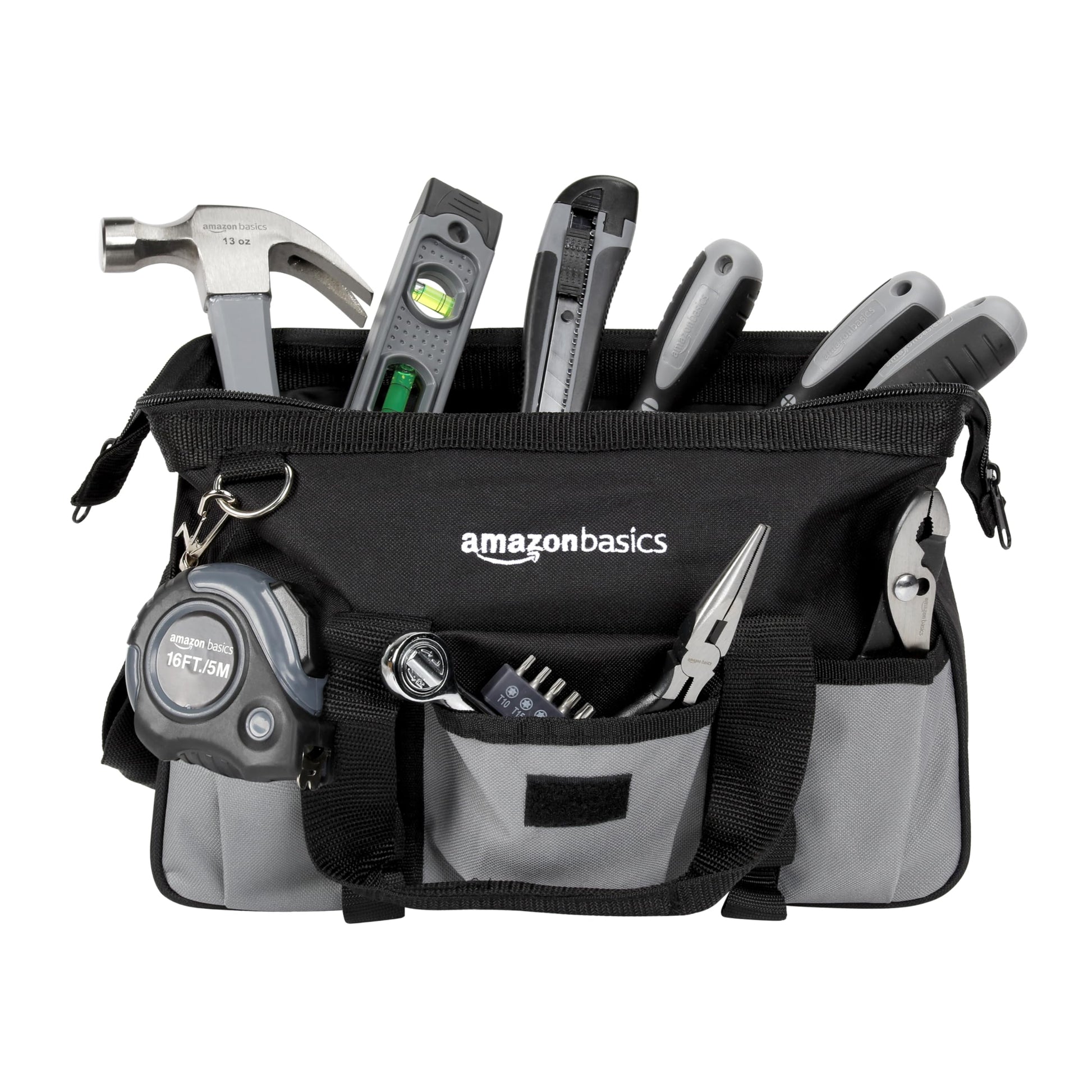 Amazon Basics 65 Piece Home Basic Repair Tool Kit Set With Bag, Silver, Black