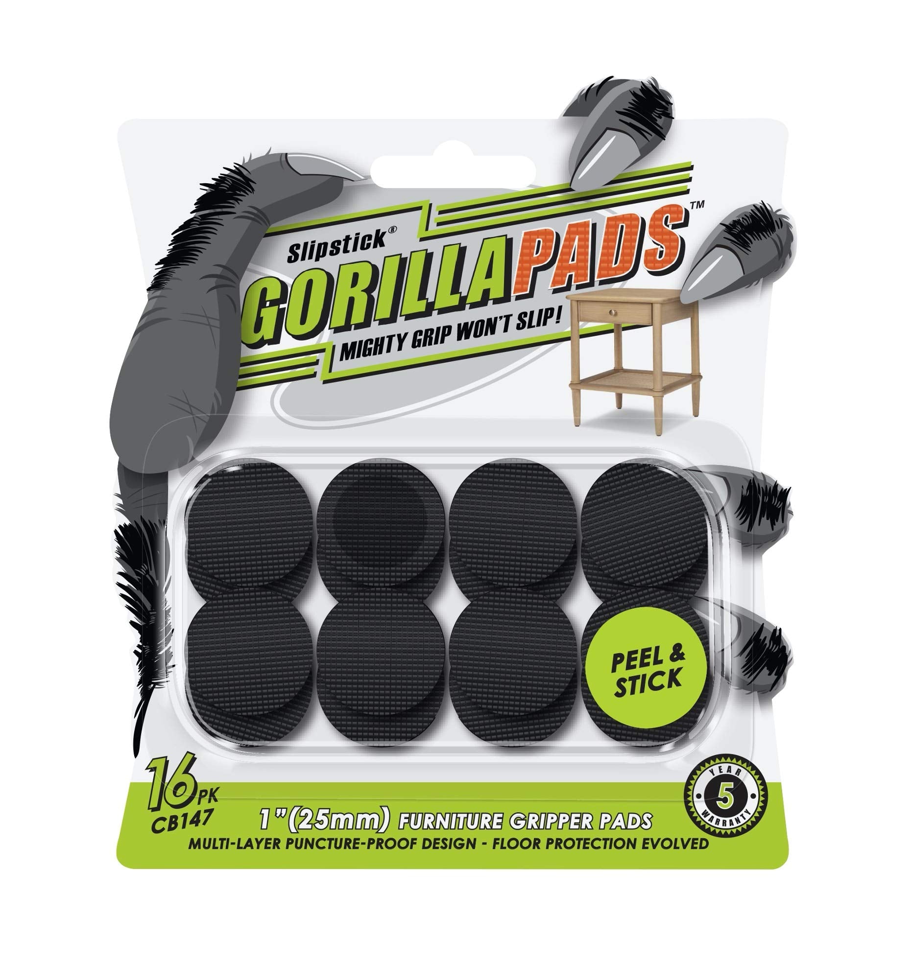 Slipstick GorillaPads CB150 Non Slip Furniture Pads/Rubber Grips (Set of 8) Self Adhesive Furniture Feet Floor Protectors, 1-1/2 inch Square, Black