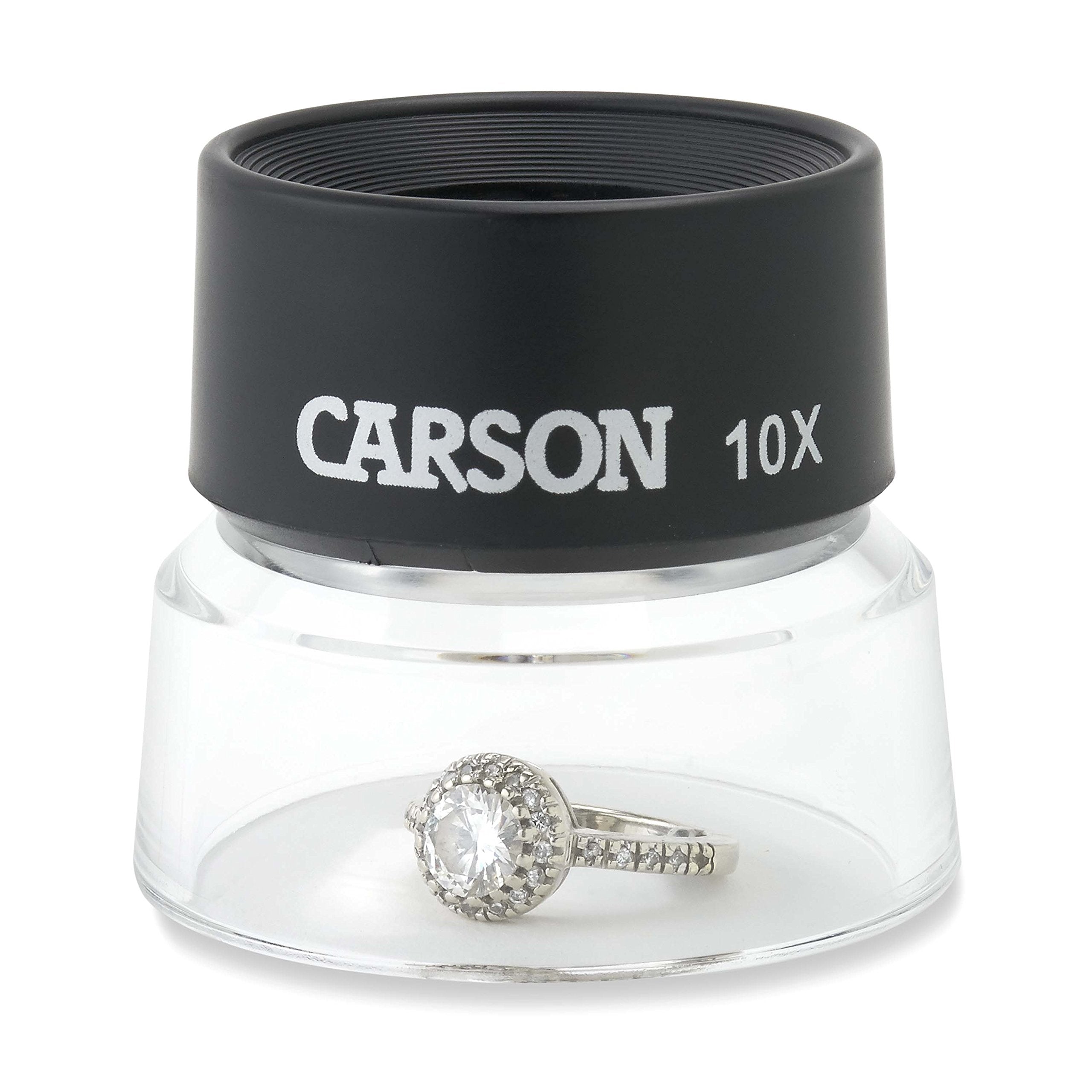 Carson LumiLoupe 10X Power Black/Clear Stand Magnifier, Ambient Light, 1.0 inch Lens Diameter, 2.0 inch Base Diameter, 2.0 x 1.75 x 2.0 inches, 0.05 kg