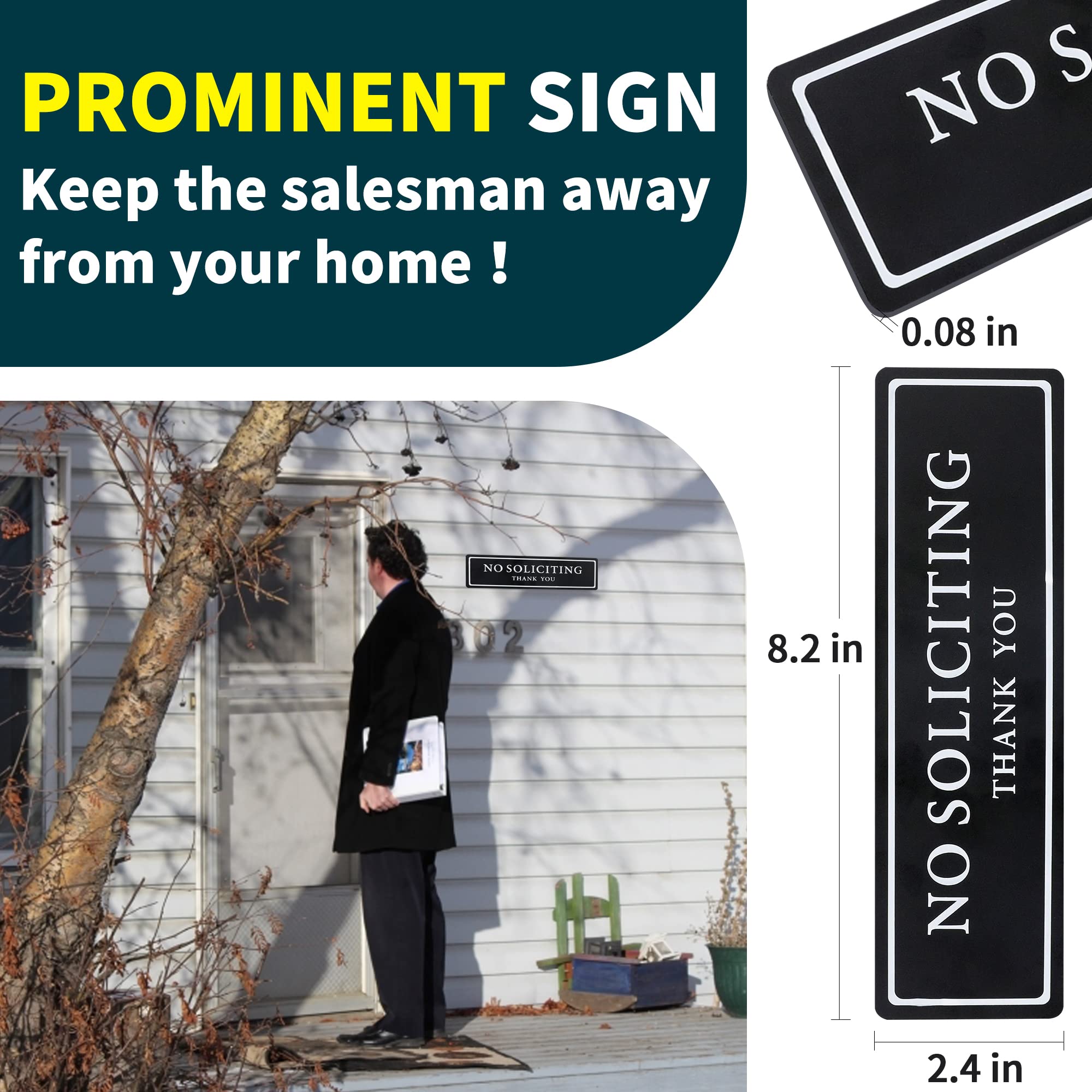 No Soliciting Sign for House — Keep Solicitors Away, with Strong Adhesive Tape for Any Surface, 8.2 × 2.4 Inch, Stylish & Prominent Design, Perfect for Home Office Front Doors, Walls, Windows