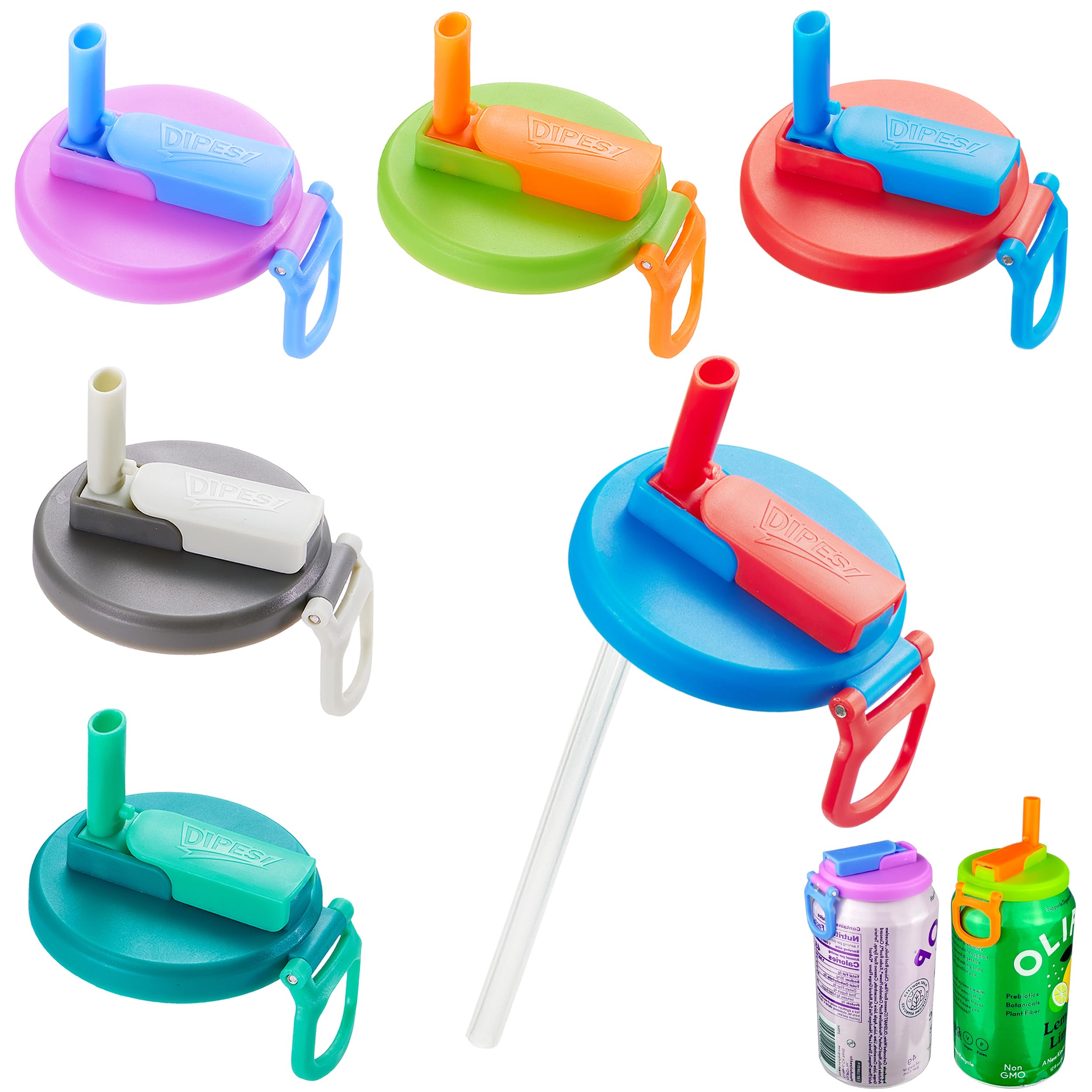 DIPESI 6 pack 6 color Soda Can Lids with Straws, Reusable Silicone Straws Soda Can Covers, BPA-Free,Airtight Seal, Easy to Use, Prevents Spills, Fits Standard Cans.