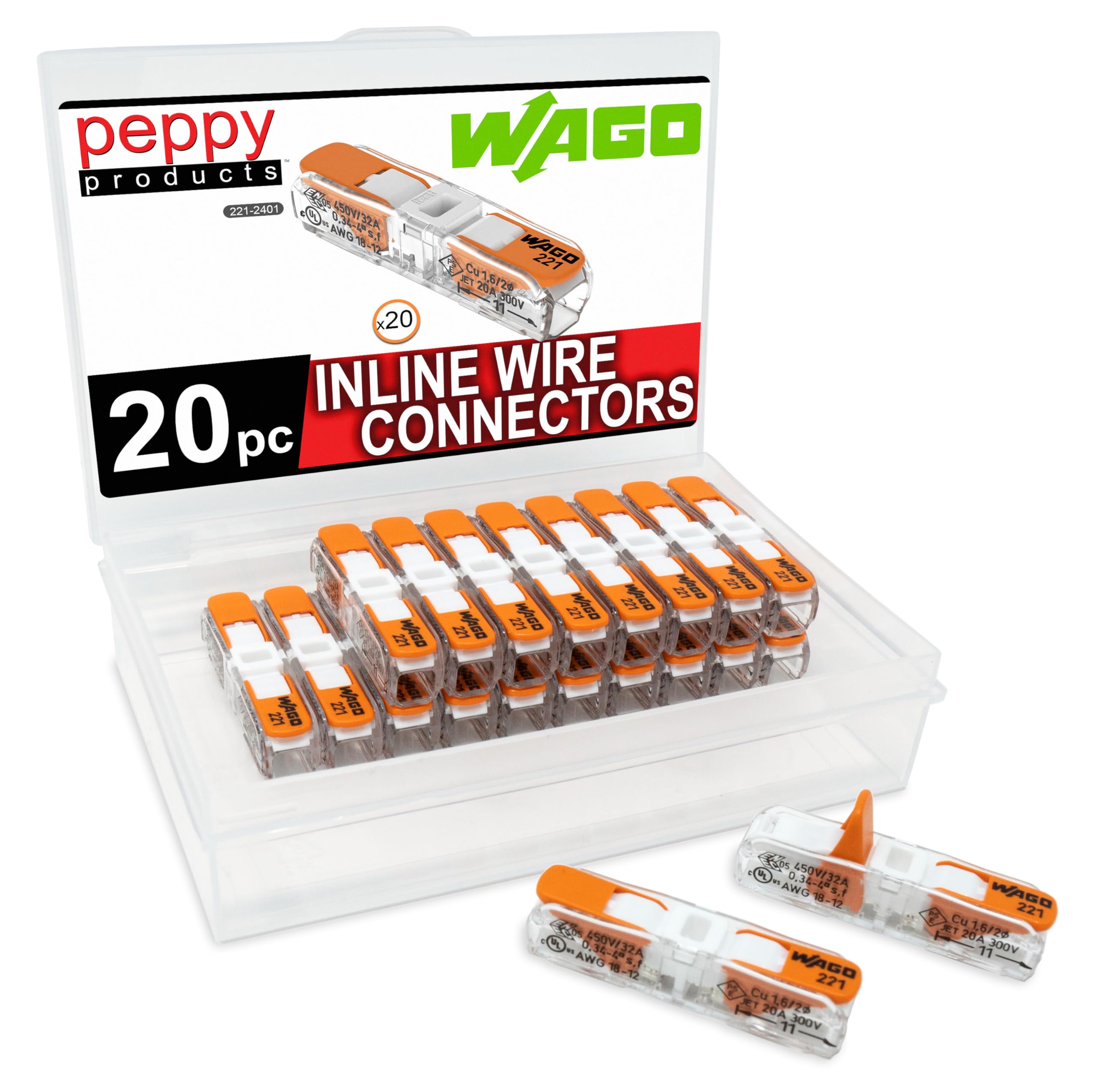 WAGO 221-2401 موصلات أسلاك مضمنة مدمجة Lever Nuts مع حافظة | 20 قطعة