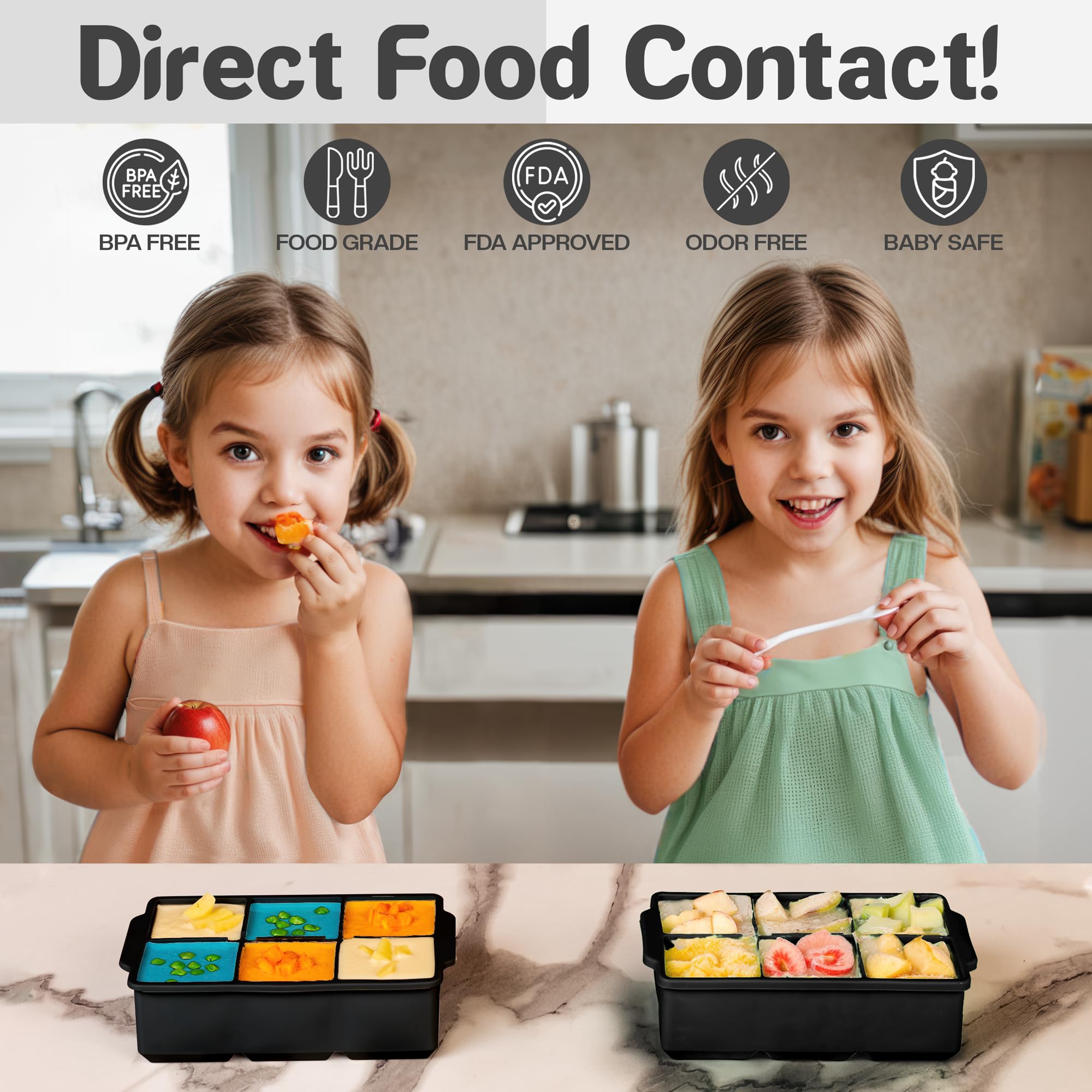 KitchFort Large Silicone Ice Cube Tray (2-Pack), Easy Release 2" Big Ice Cubes - Cocktail, Whiskey Ice Cubes Mold - BPA Free Ice Trays for Freezer - Ice Tray With Stackable Lid - Black