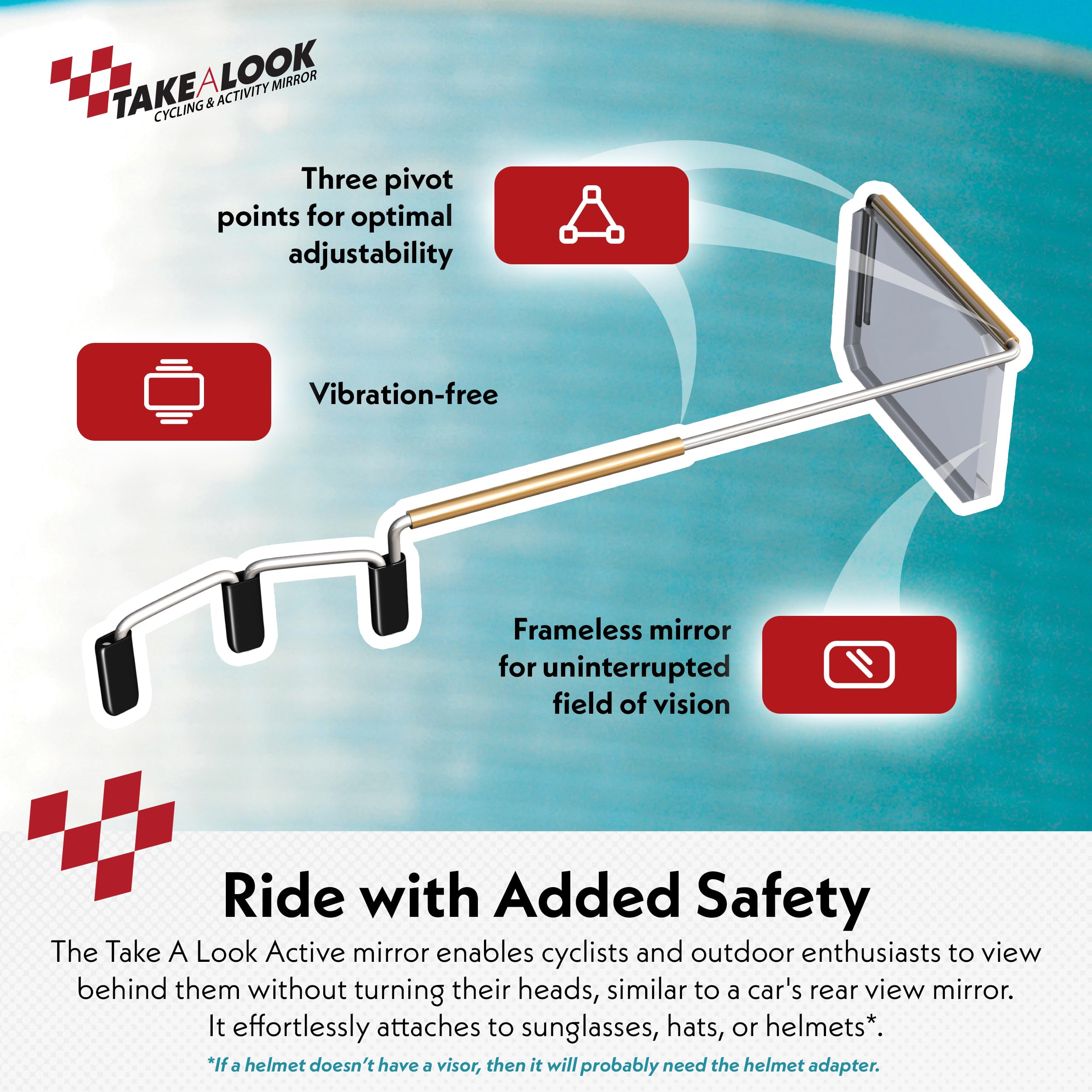 Take A Look Active Original Activity Mirror for Sunglasses, Bike Helmets, or Visors Rear View Mirror for Cycling and Other Outdoor Activities