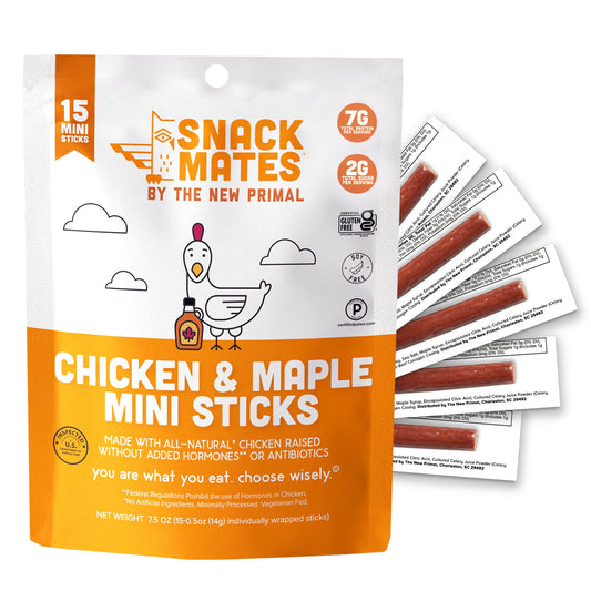 The New Primal Snack Mates Chicken & Maple Sticks, Gluten Free Healthy Snacks for Kids, Low Sugar High Protein Back to School Snacks, Mini Paleo Jerky Meat Stick, 7g Protein, 50 Calories, 15 Pack