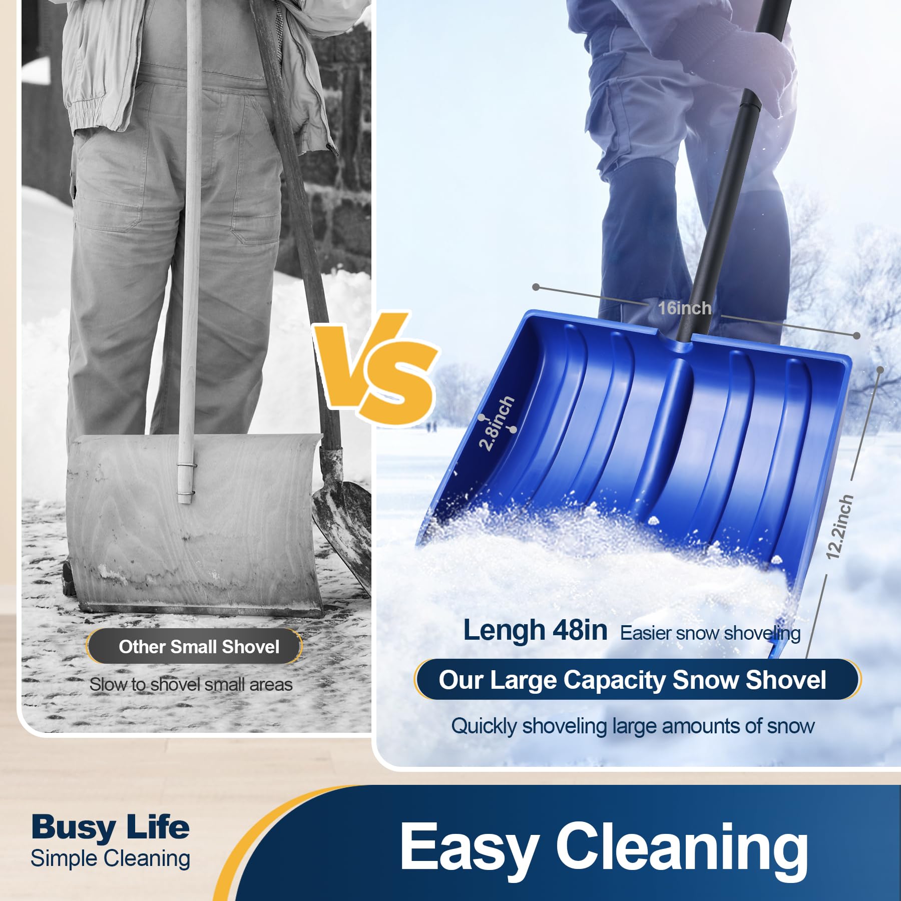 Yocada Snow Shovel for Driveway Home Garage Snow Removal with D-Grip Handle Aluminum Strip Heavy Duty 48 inch Long Large Capacity Shovel for Garden Car Camping Outdoor