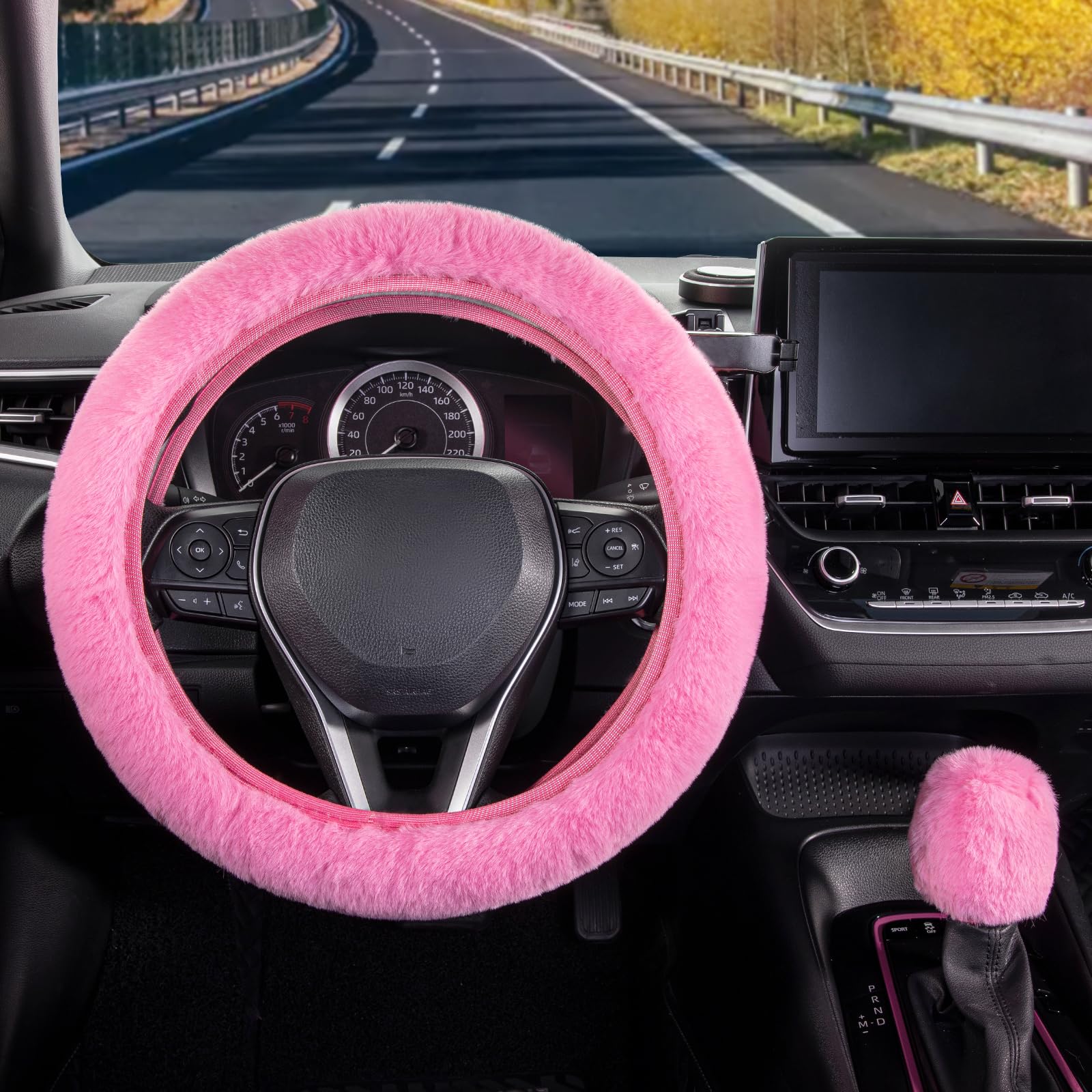 SEG Direct Furry Car Steering Wheel Cover with Fluffy Gear Shift Cover Soft Warm Non-Slip Car Decoration for Women Girls 2 PCS Set, Pink