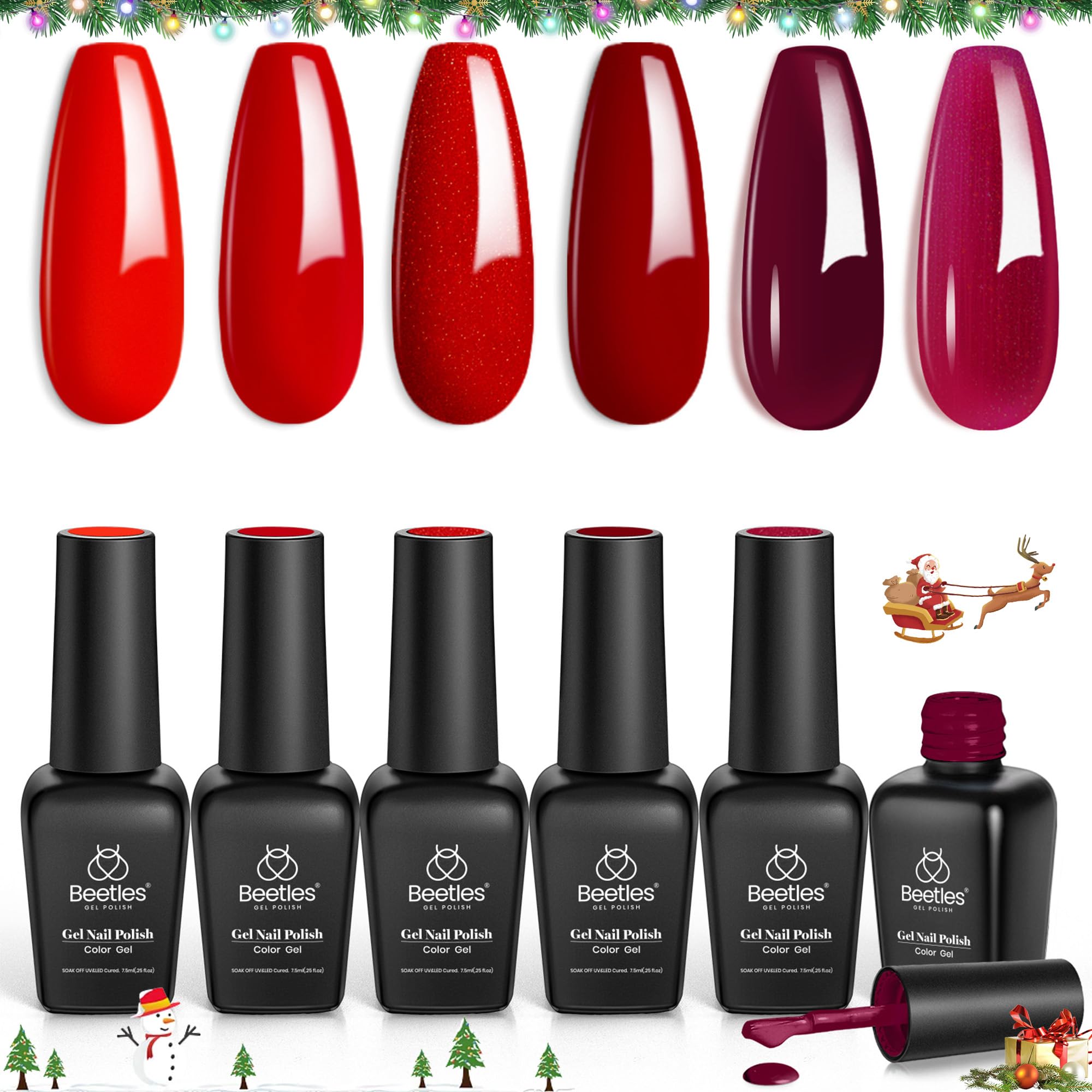 Beetles Christmas Gel Nail Polish, Red Sparkle Green Glitter Gold Silver Winter Gel Polish Dark Green Dark Red Gel Polish Kits Soak Off Nail Lamp Uv LED Cured for Nail Art Design for Women