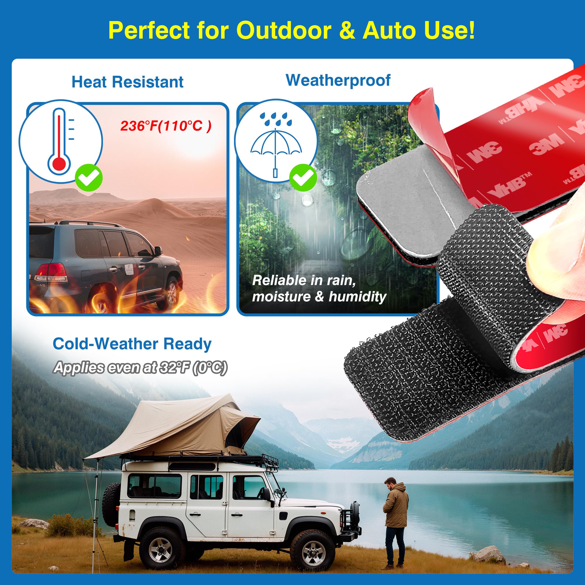 8 Sets Heavy-Duty Adhesive Hook and Loop Strips – Made with 3M VHB, 1.2" x 3.2", Heat-Resistant & Waterproof – Strong Hold for Indoor/Outdoor Use on Walls, Glass, Tile, Metal, Wood, and More