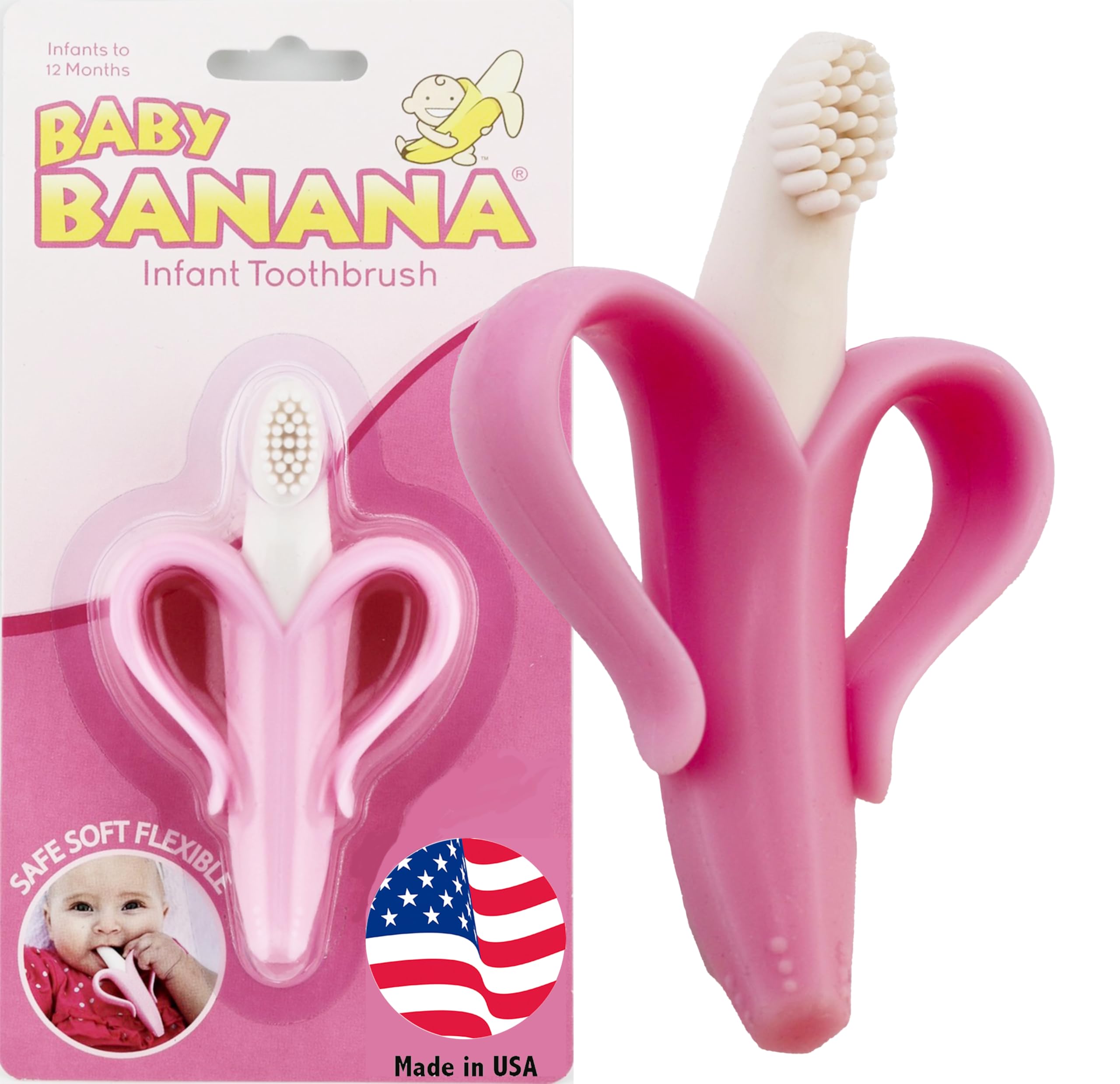 Baby Banana The Original Toothbrush Teether Toy, for Babies Infants Toddlers; USA Family-Owned Business; Teething Relief for Sore Gums, Massaging Soothing; Safest Food Grade Silicone