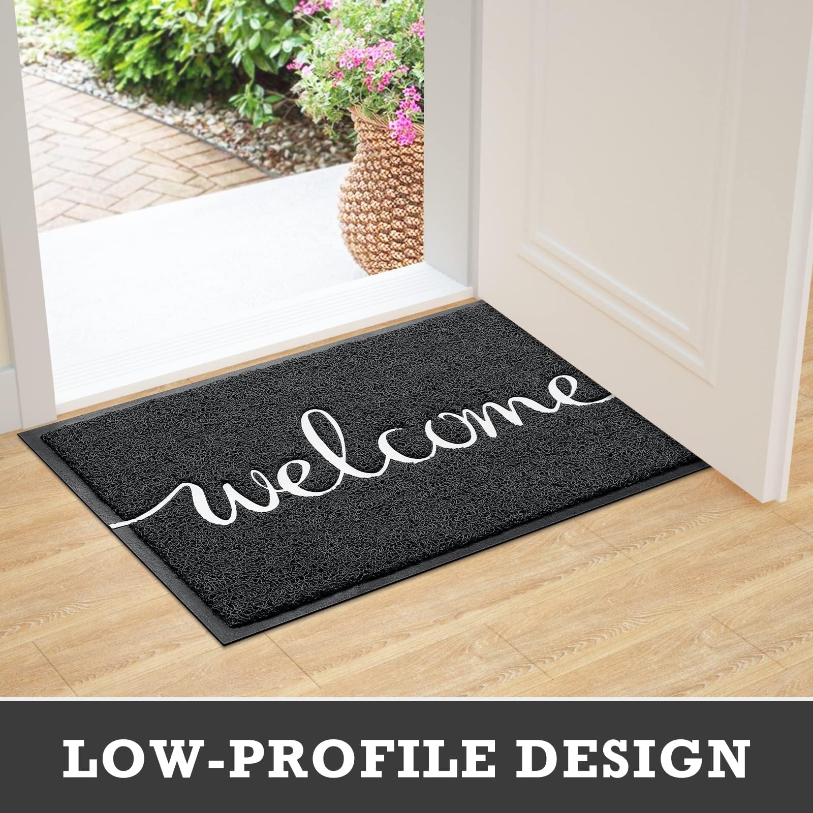 CozyBounty Black Door Mat Welcome Mats Outdoor Indoor Non-Slip Doormat for Entryway Low-Profile Floor Mat for Yard, Garage, High Traffic Areas (30"x17.5", Black)