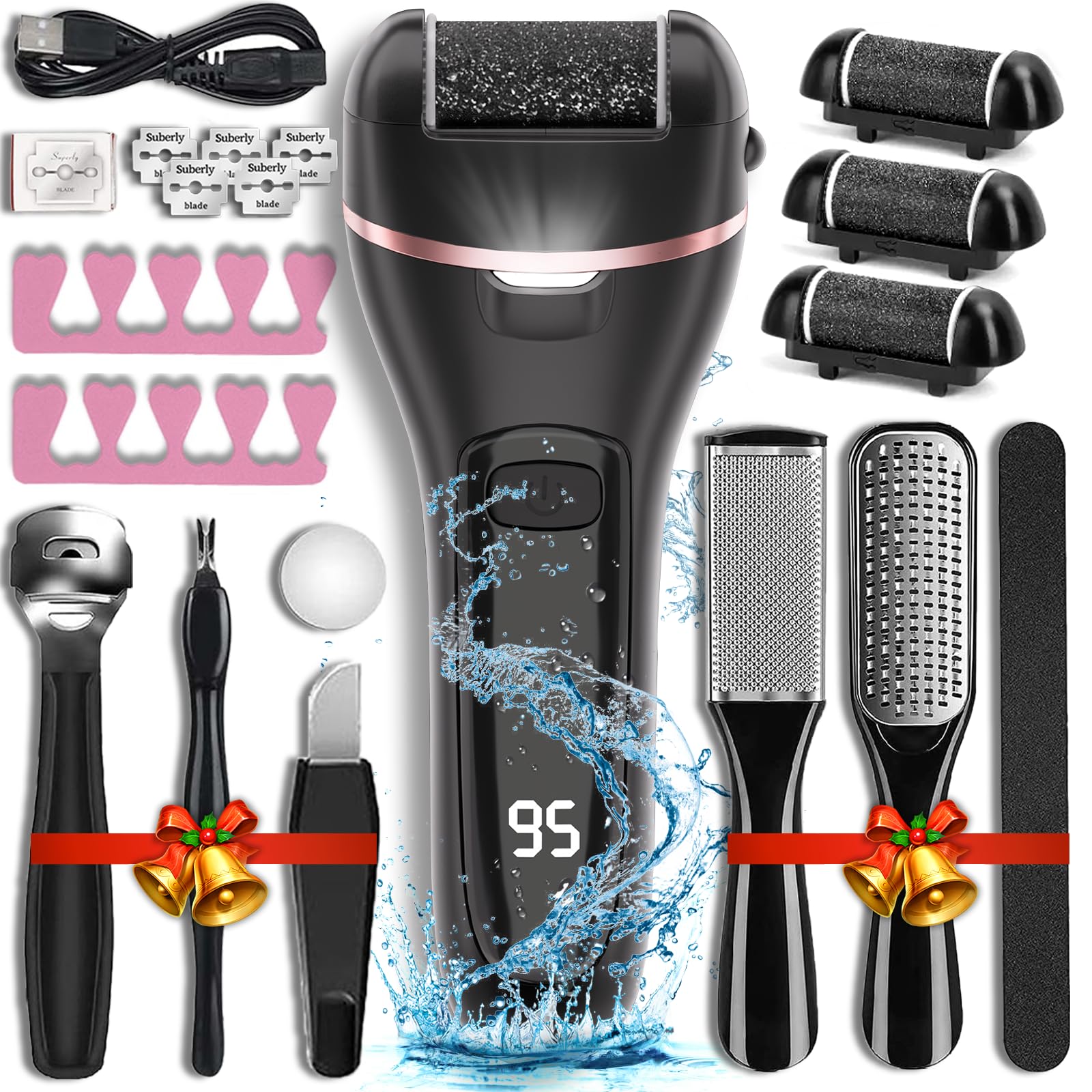 Electric Callus Remover for Feet with Rechargeable Waterproof 17 in 1 Professional Pedicure Kit with 3 Roller Heads 2 Speed Foot Care Tools Perfect for Dead Hard Cracked Dry Skin
