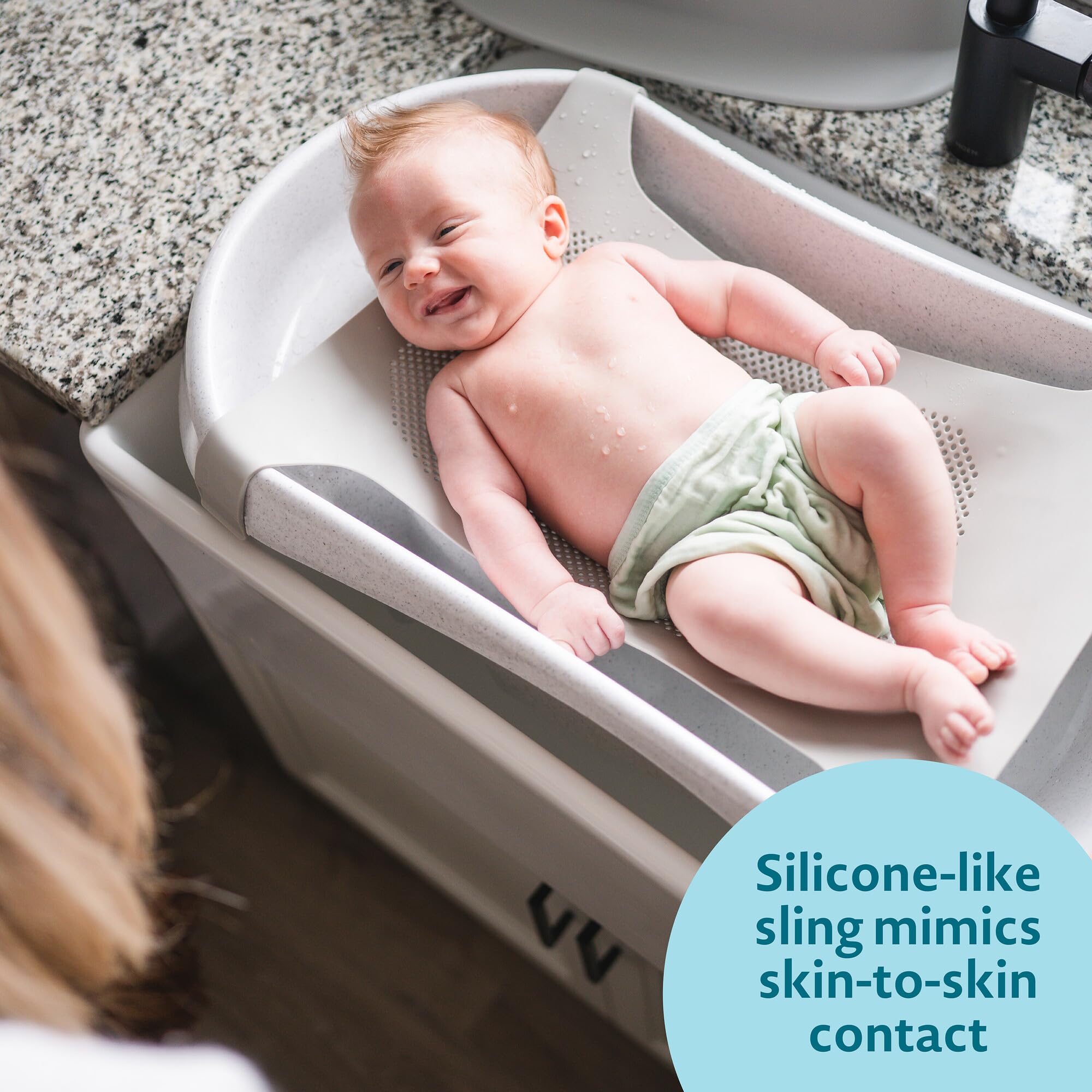 The First Years Rain Shower Baby Bathtub Set - Includes Infant Sling, Soothing Spray Shower Head, Fresh Water Tank and Built in Soft Brush - 3 in 1 Grow with Me Design - Baby Bath Essentials