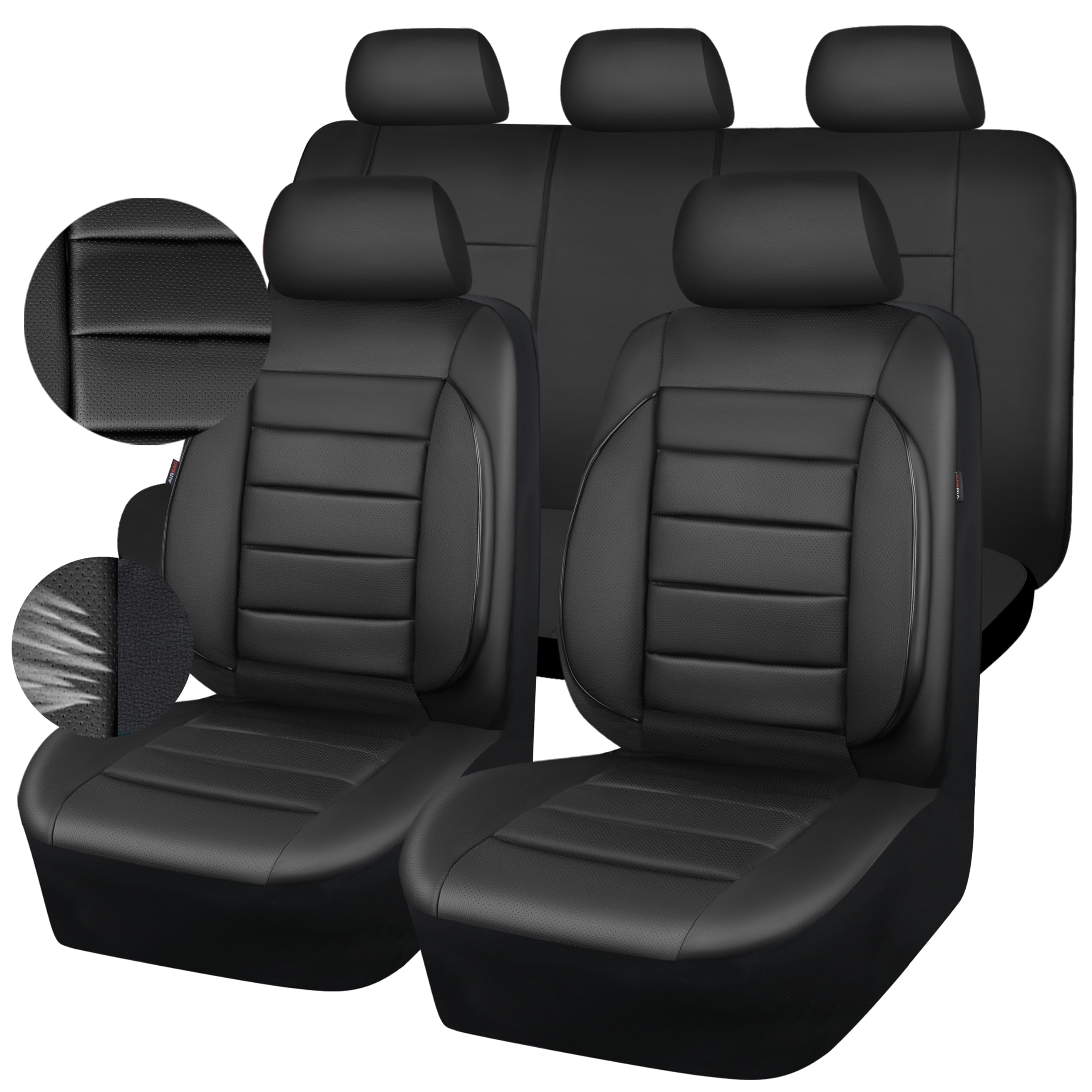 CAR PASS Leder-Sitzbezüge Komplettset Universal Wasserabweisend 3D Schaumstoff Rückenstütze, Luxuriöser Komfort Automobil 5 Sitzbezüge Ganzjahres Passend für SUV, Limousine, Van, Airbag Kompatibel Eleganz (Tiefschwarz)