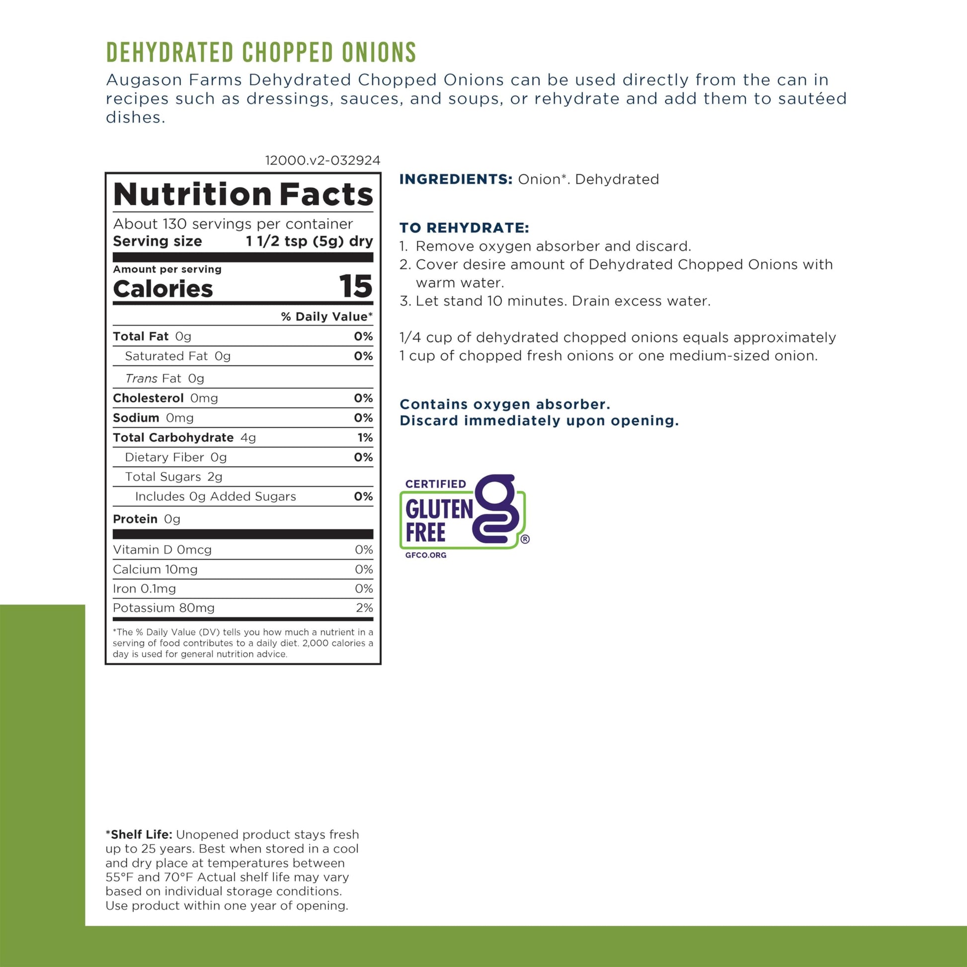 Augason Farms Dehydrated Chopped Onions Can, Emergency Food Supply, Everyday Meals, 130 Servings