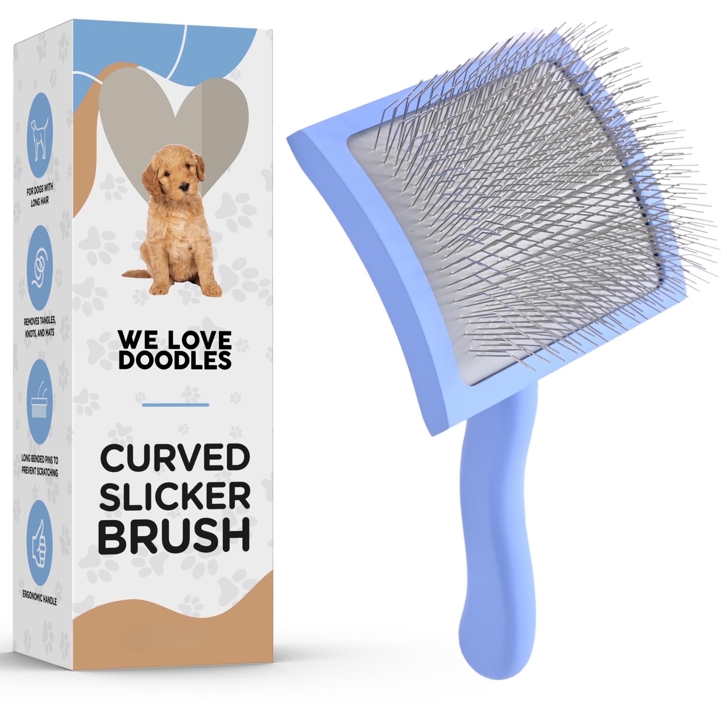 We Love Doodles Dog Slicker Brush for Grooming Pet Hair - Best Brushes For Poodle & Golden Doodle - Long Haired Brush For Dogs - Goldendoodle Long Pin Brush For Dematting (Large)