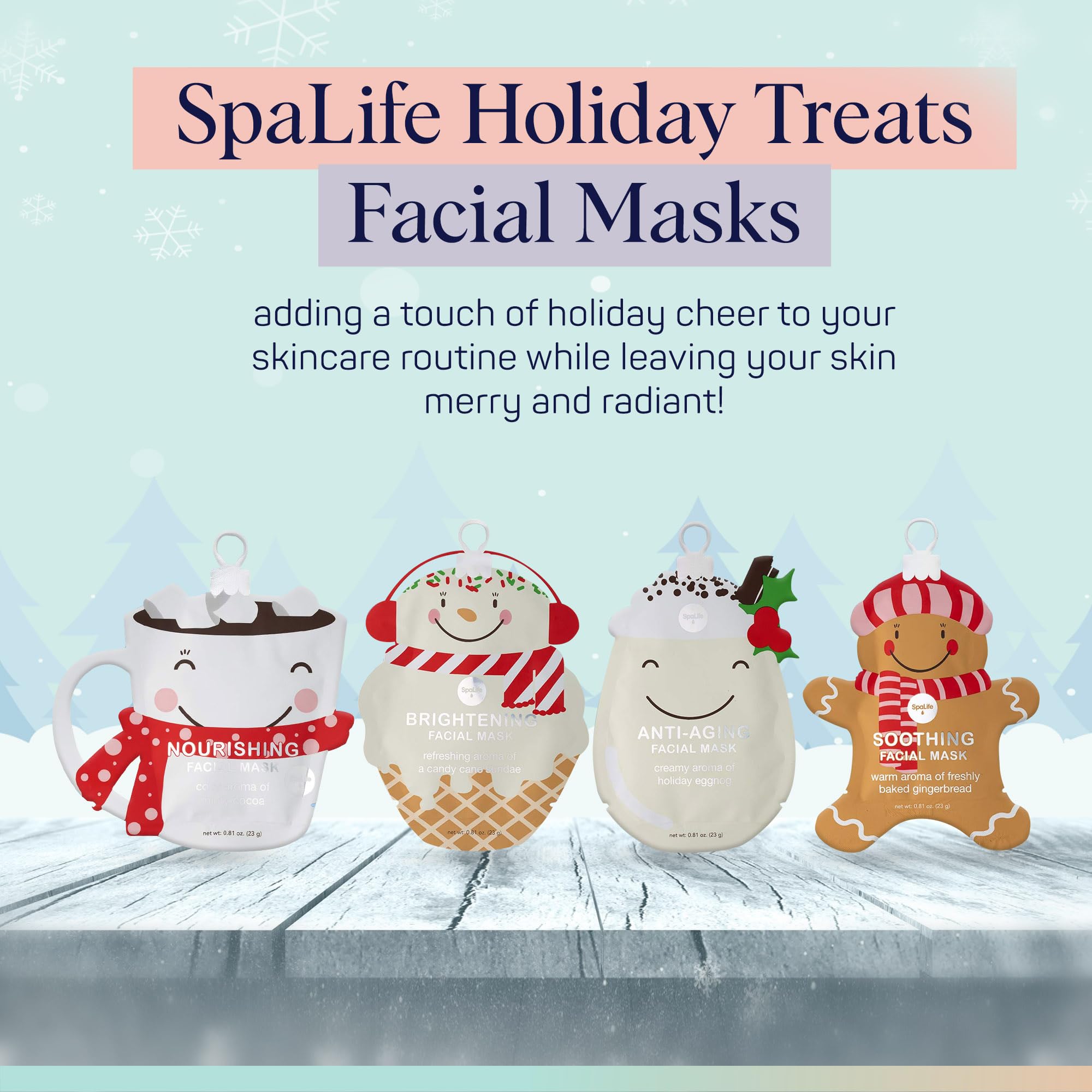 SpaLife Holiday Treats Facial Masks 12-Pack Assorted - Festive Christmas Skincare for Soothing and Nourishing - Gingerbread, Sundae, Cocoa & Eggnog