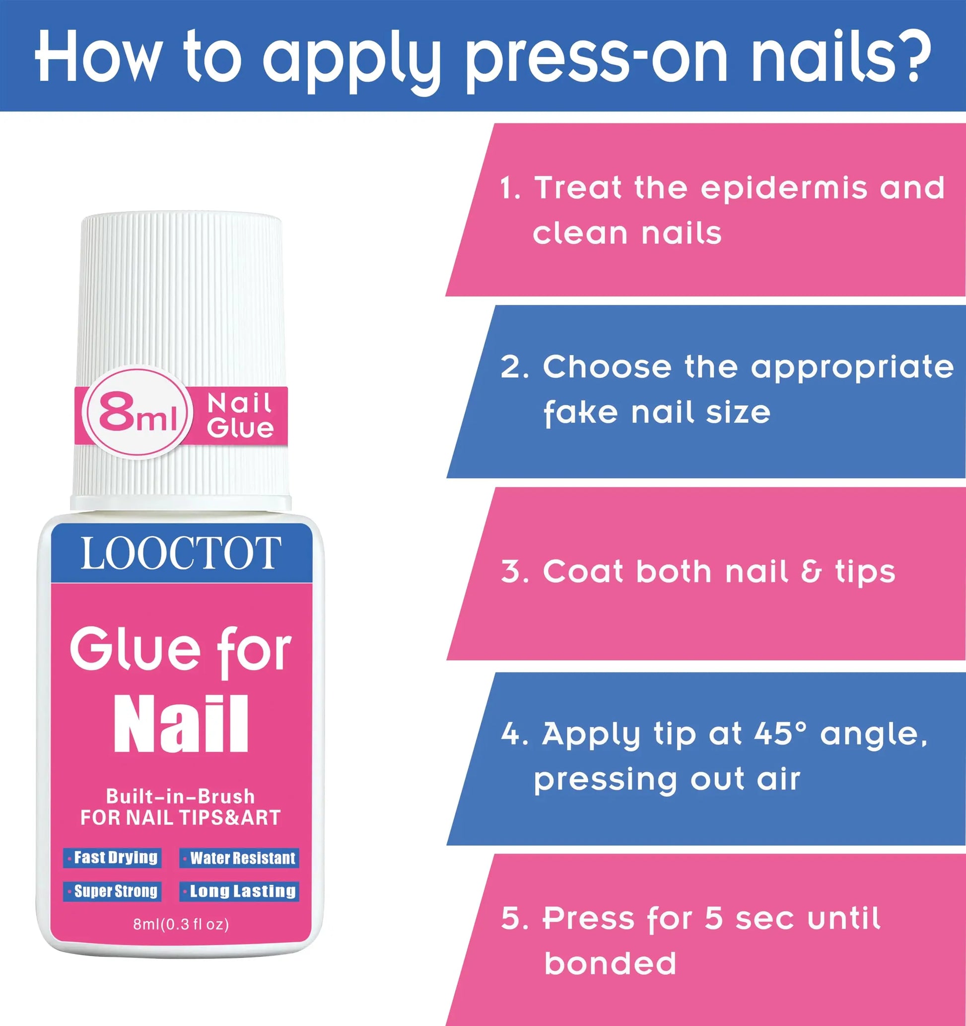 Super Strong Nail Glue for Nail Tips,Acrylic Nails and Press on Nails,Built in Brush on Nail Glue for Press on Nails,Long Lasting Nail Cement(8ml*2)