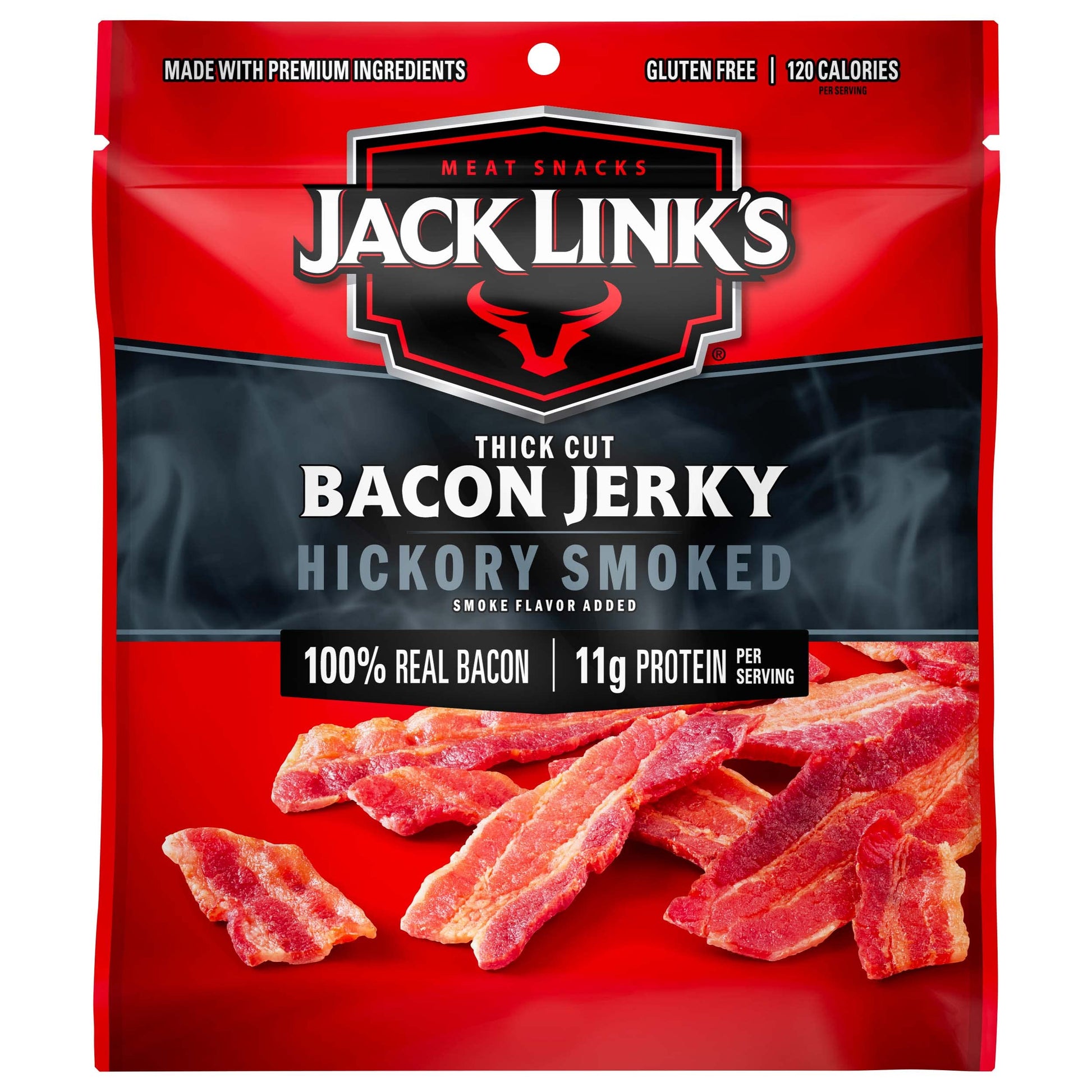 Jack Link's Bacon Jerky, Hickory Smoked - Flavorful Ready to Eat Meat Snack with 11g of Protein per Serving, Made with 100% Thick Cut Real Bacon, Protein Snack, Keto Friendly, 2.5 oz.