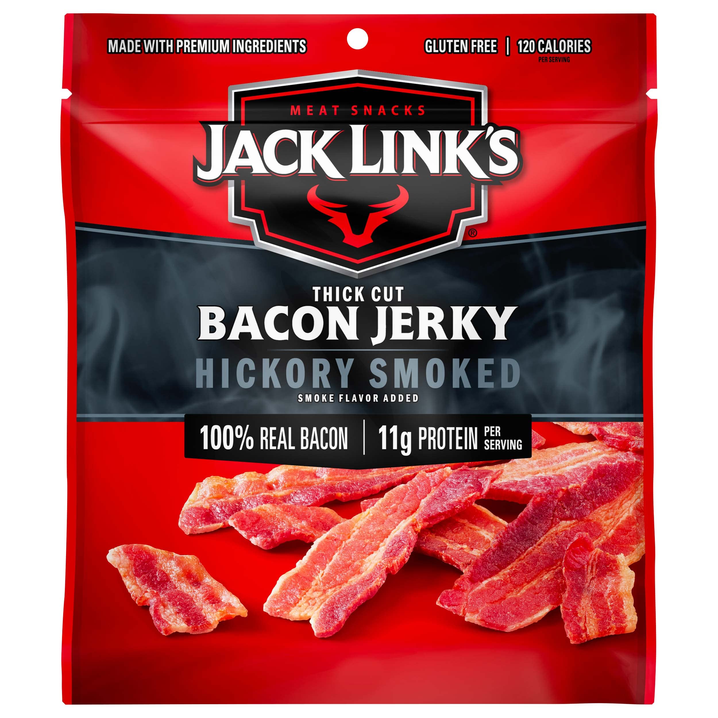 Jack Link's Bacon Jerky, Hickory Smoked - Flavorful Ready to Eat Meat Snack with 11g of Protein per Serving, Made with 100% Thick Cut Real Bacon, Protein Snack, Keto Friendly, 2.5 oz.
