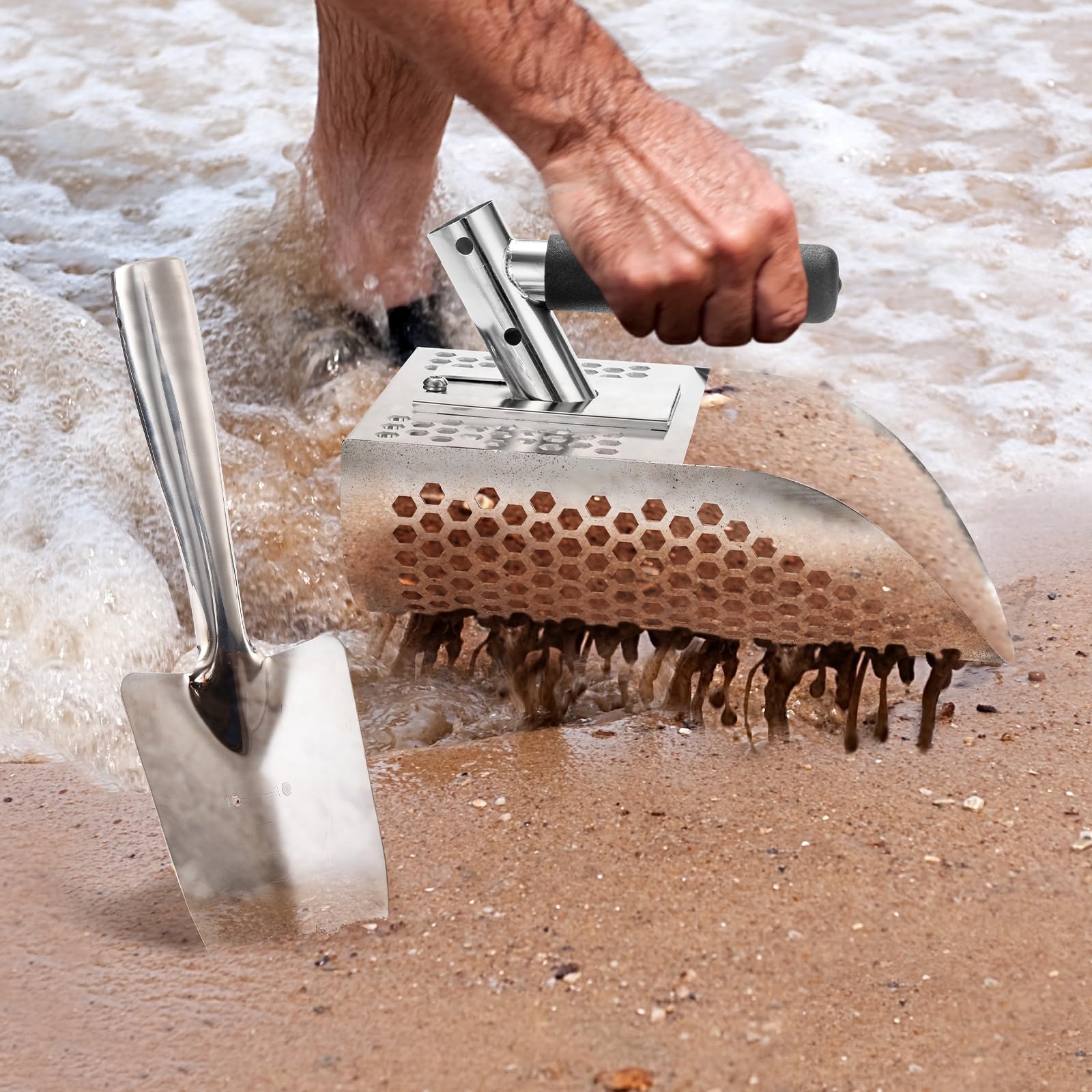 GADFISH Sand Scoop for Metal Detecting, Metal Detector Scoop, Stainless Steel Sand Sifter Shovel, Fast Sifter Shovel for Underwater Treasure Hunting (Stainless Steel)