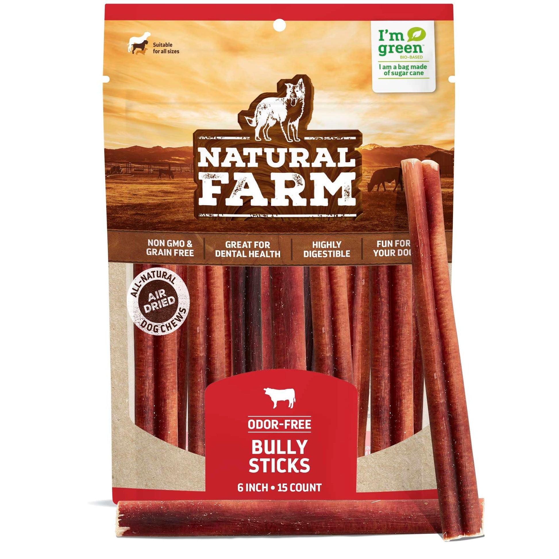Natural Farm Odor-Free Bully Sticks (6 Inch, 20 Pack), 100% Beef Chews for Pups, Small and Medium Dogs, Non-GMO, Grain-Free, Fully Digestible, Natural Treats to Keep Your Dog Busy